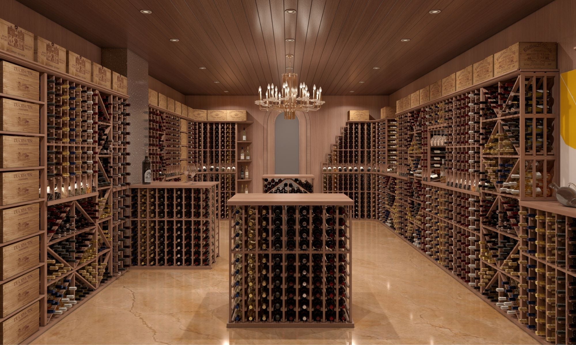 Luxury wood wine cellar with custom racks, glass chandelier, and organized wine storage