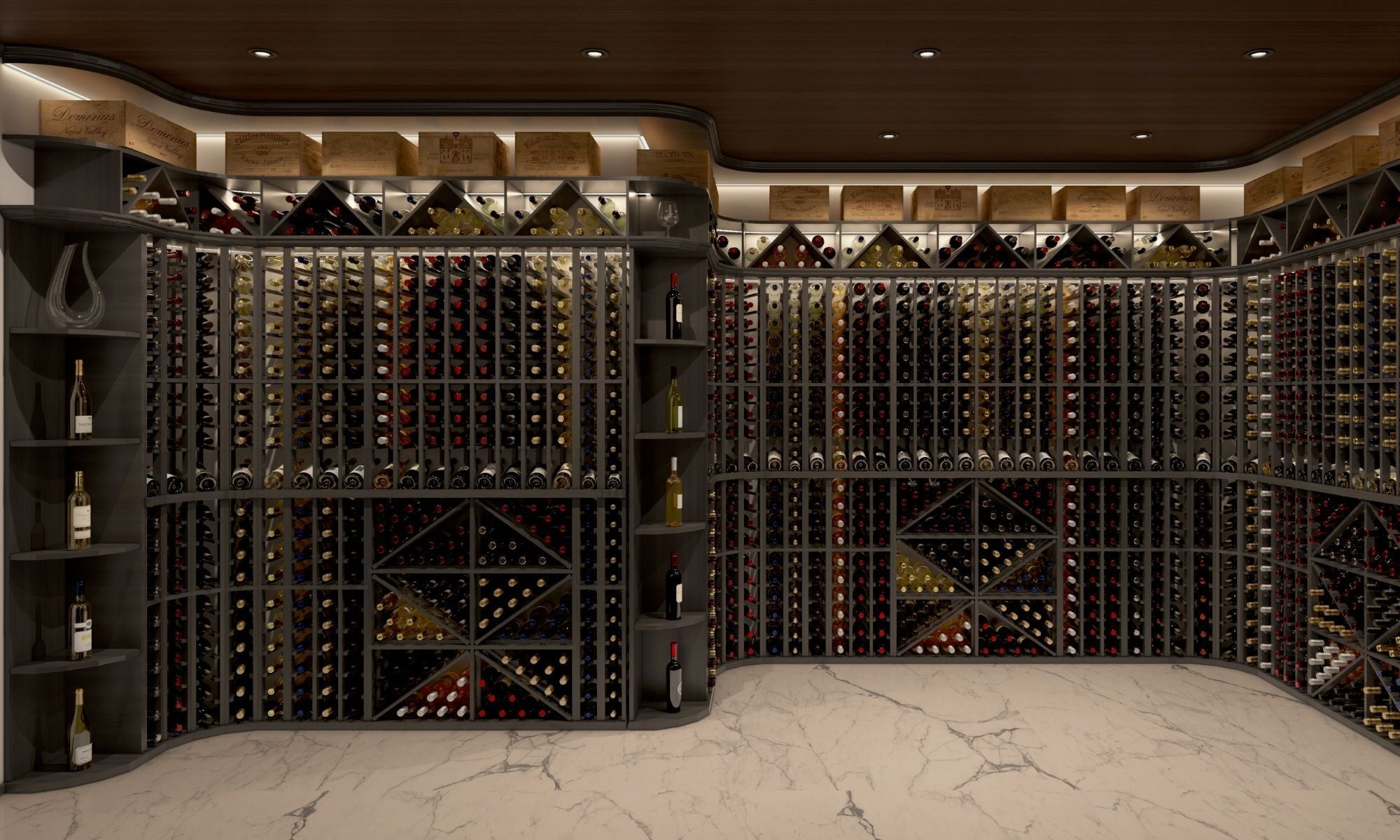 Luxury wine cellar with wall-mounted racks, wooden cases, and marble flooring
