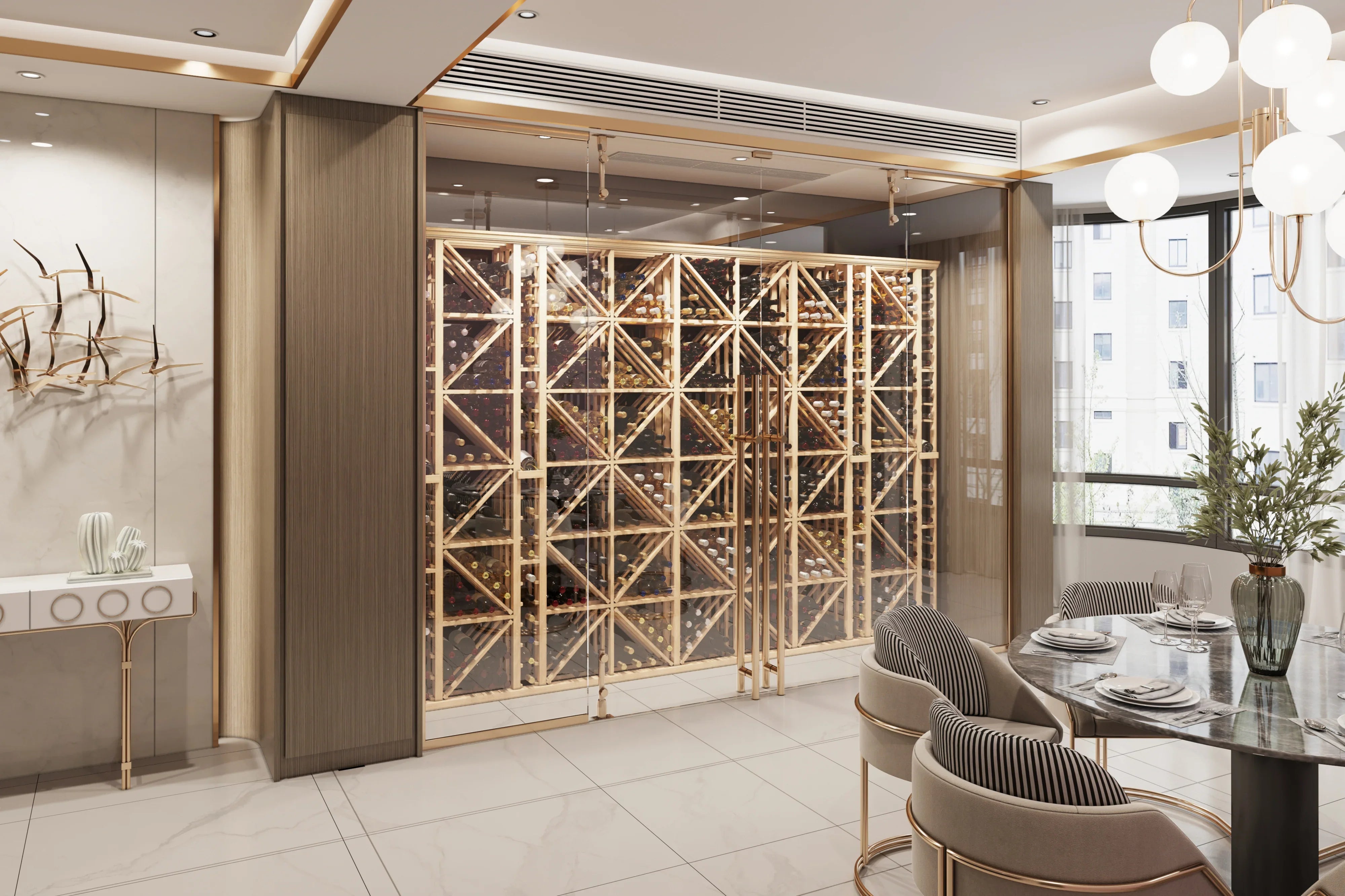 Modern dining room with luxury glass wine cellar featuring modular wooden wine racks