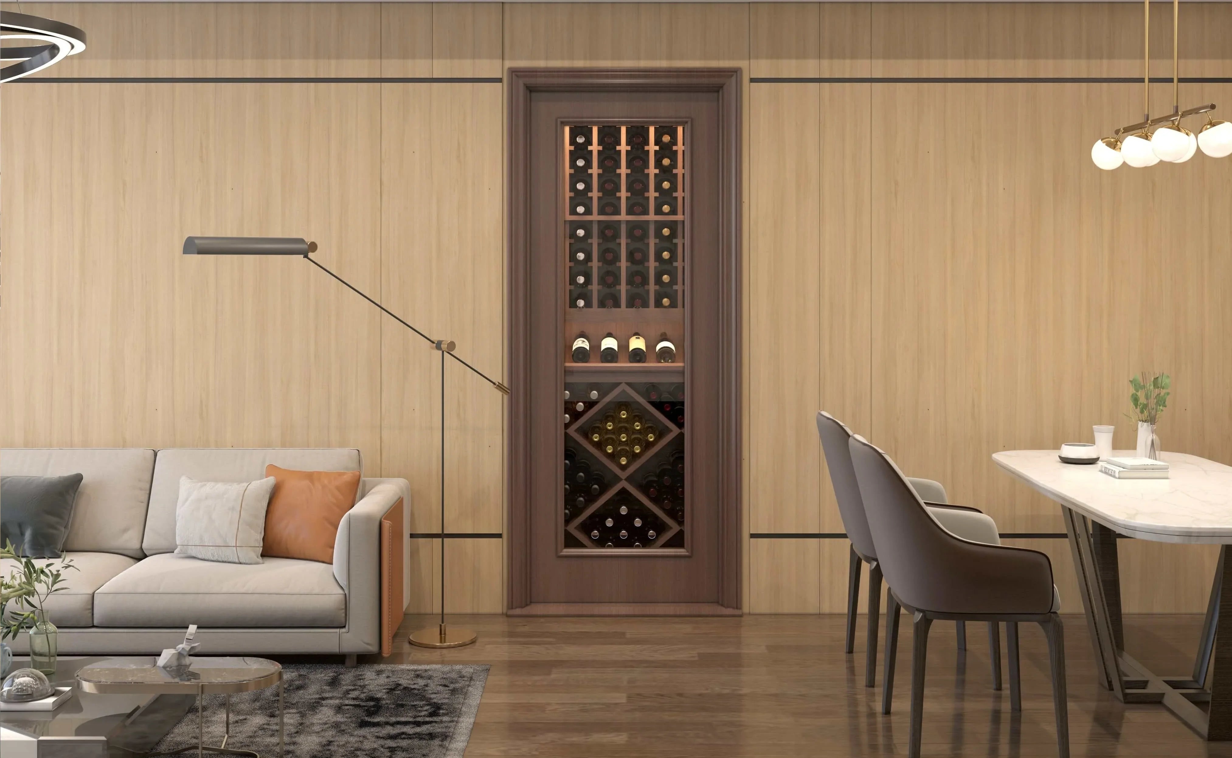 Modern living room with built-in wooden wine storage rack and bottles displayed on feature wall