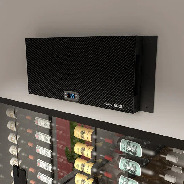 Wall-mounted wine cellar cooling unit above glass wine rack with bottles
