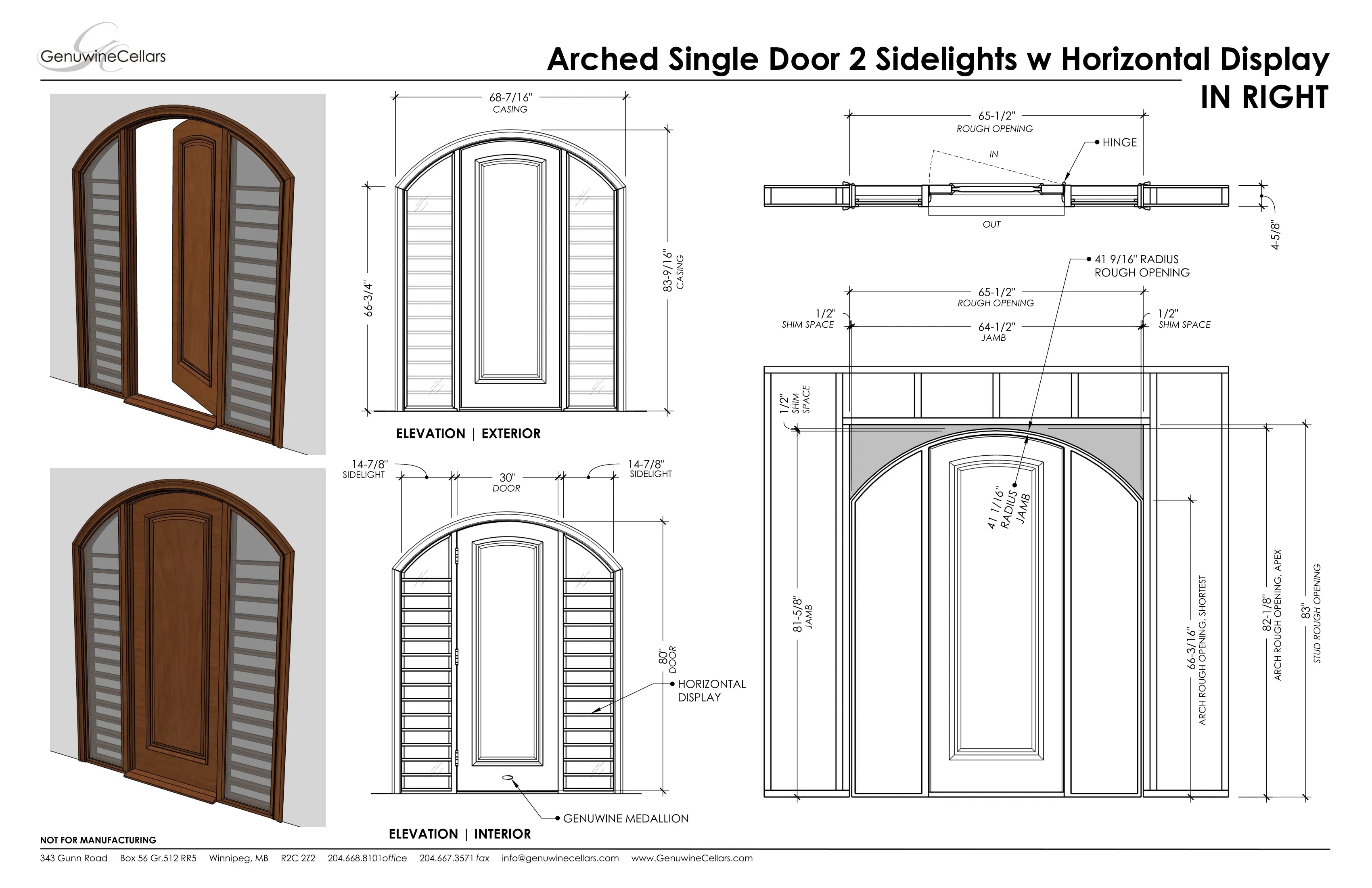 Arched Panel Door, 2 Sidelights w/ Horizontal Displays Cherry with Lacquer / IN / LEFT-Cherry with Lacquer / IN / RIGHT-Cherry with Lacquer / OUT / LEFT-Cherry with Lacquer / OUT / RIGHT-Cherry NO Lacquer / IN / LEFT Genuwine Cellars Reserve