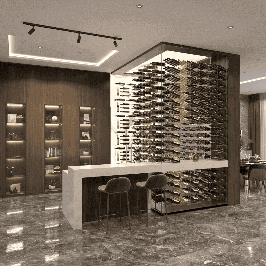 Lumina cable wine display showcasing vertical storage density with precision-milled aluminum hardware. This floating rack system highlights the secure, contemporary storage of wine bottles using a high-strength tension cable kit