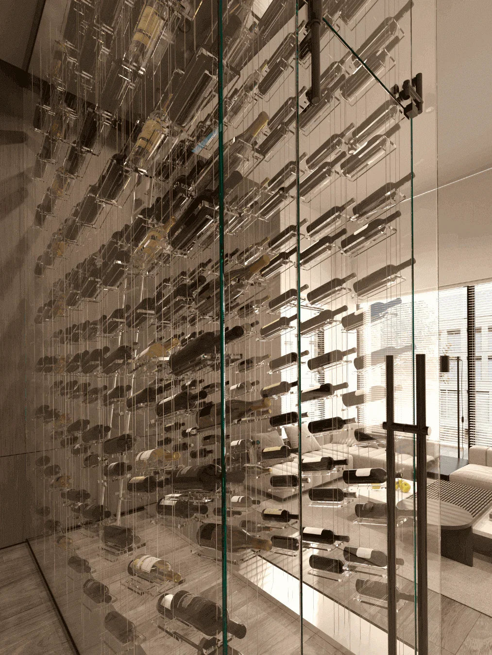 Lumina cable wine display showcasing vertical storage density with precision-milled aluminum hardware. This floating rack system highlights the secure, contemporary storage of wine bottles using a high-strength tension cable kit