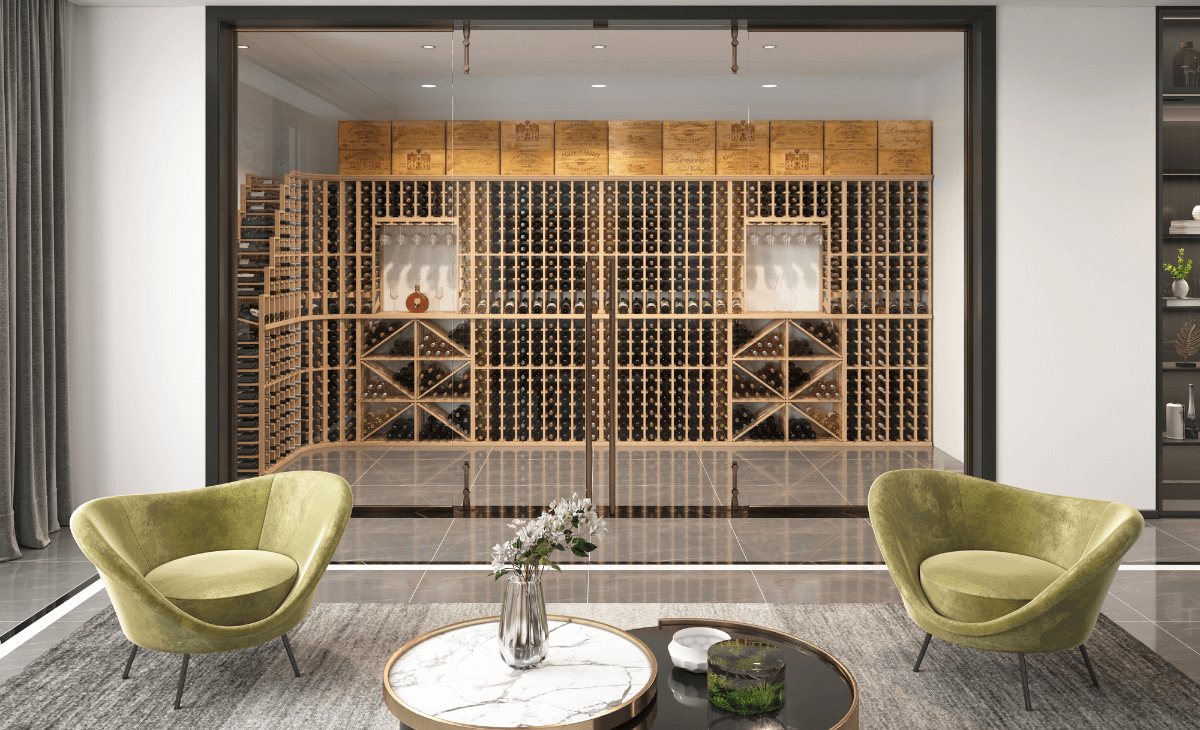 wine cellar with glass door and wooden wine racks