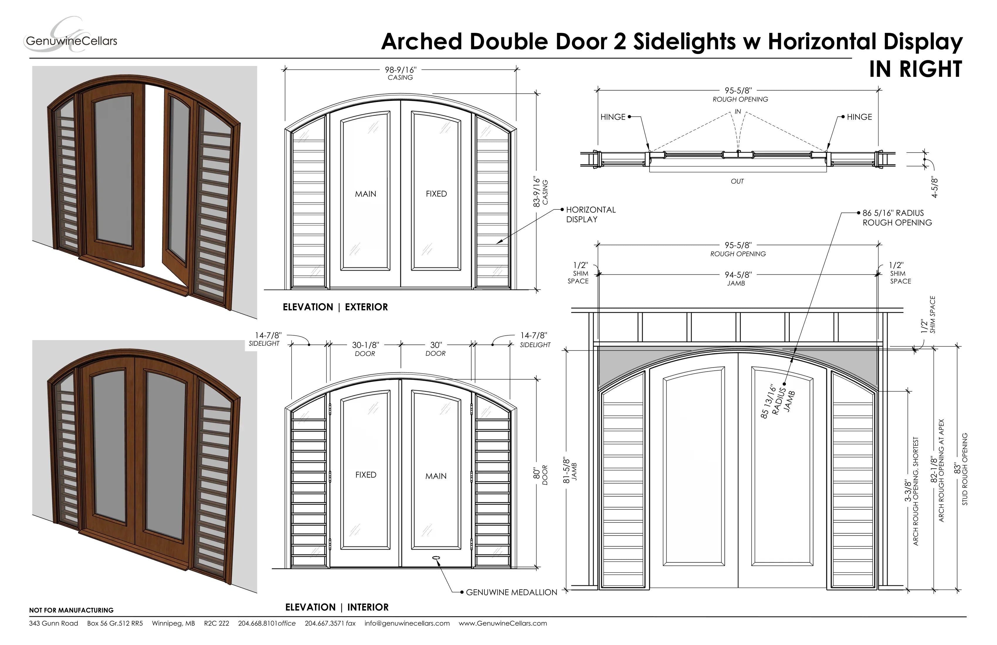 Full Glass Double Arched Cellar Door, 2 Sidelights w/ Horizontal Displays Cherry with Lacquer / IN / LEFT-Cherry with Lacquer / IN / RIGHT-Cherry with Lacquer / OUT / LEFT-Cherry with Lacquer / OUT / RIGHT-Cherry NO Lacquer / IN / LEFT Genuwine Cellars Reserve