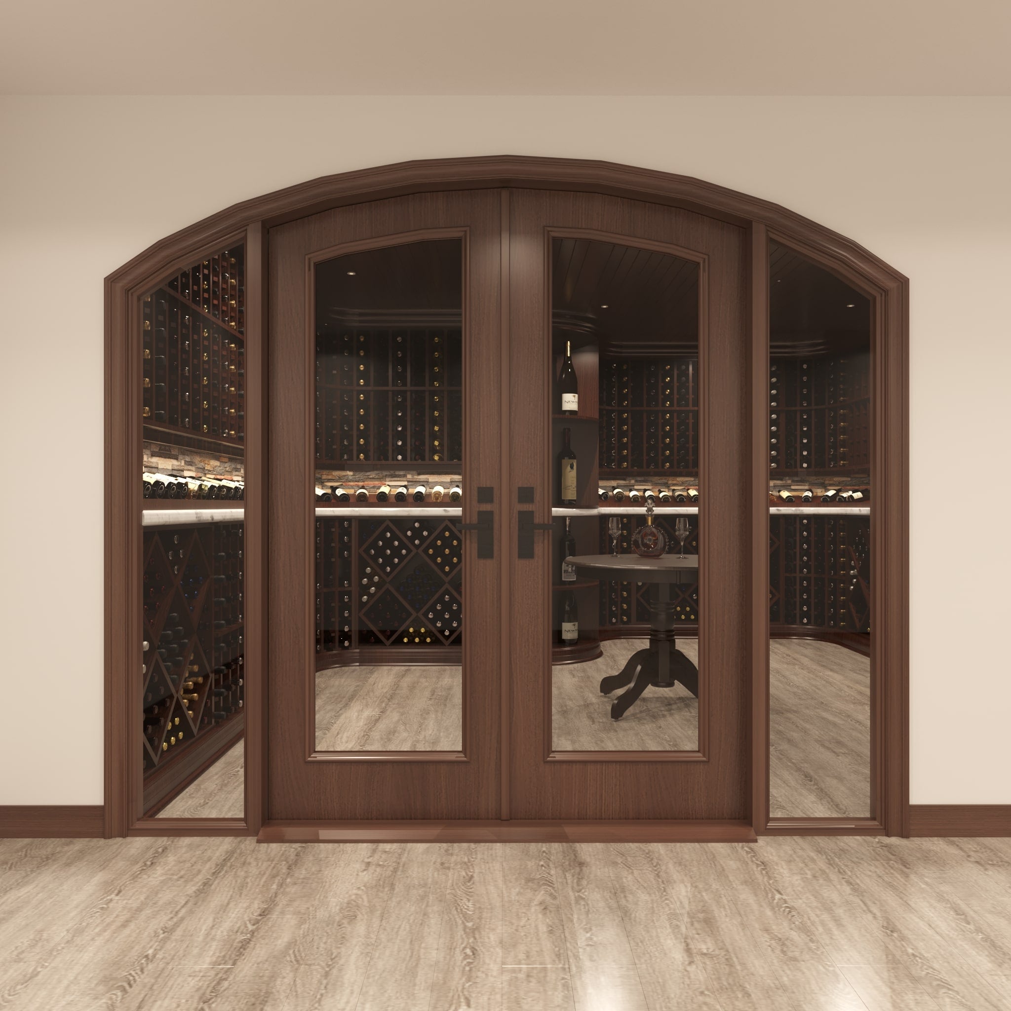 Full Glass Double Arched wine Cellar Door with two Sidelights