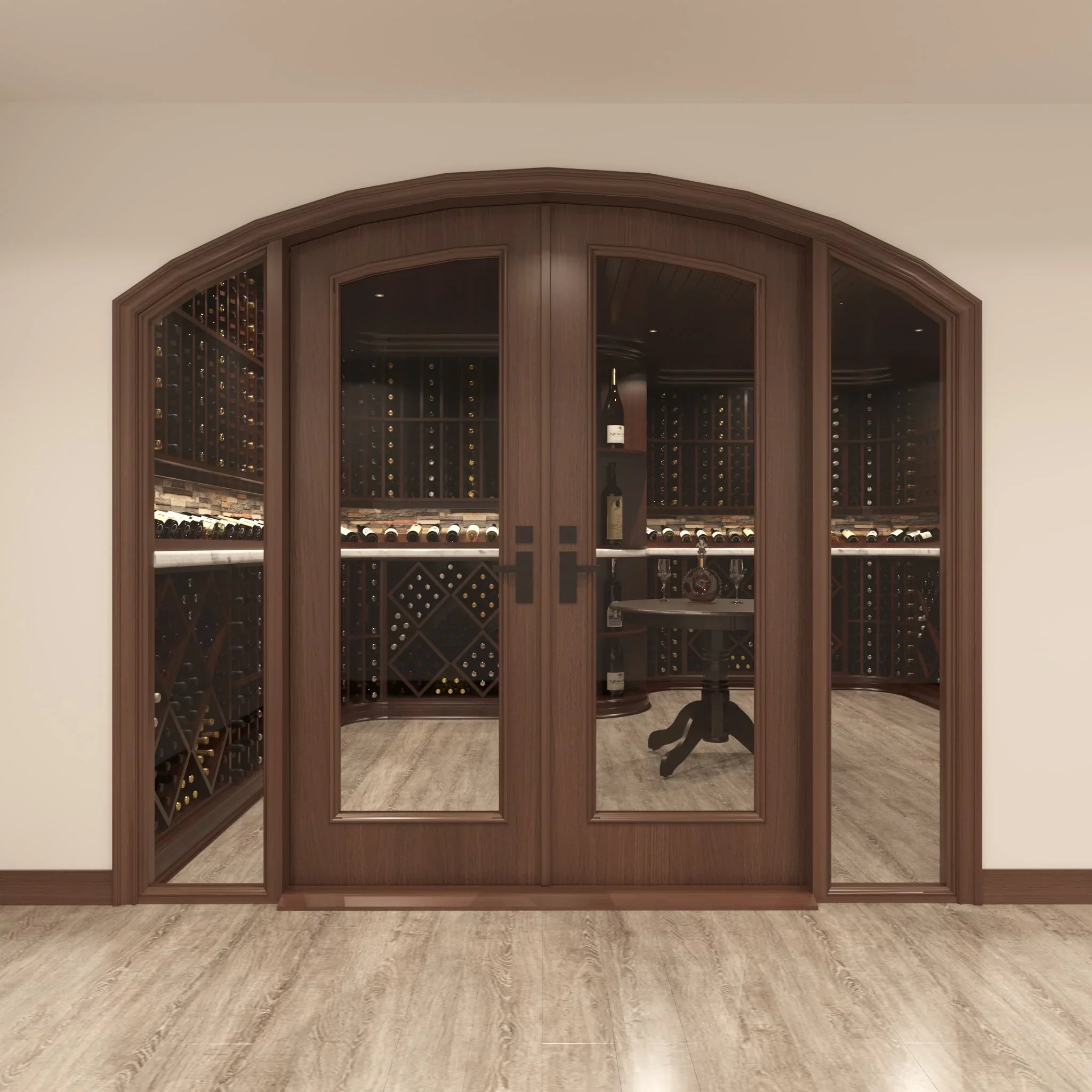 Full Glass Double Arched Cellar Door, 2 Sidelights Cherry with Lacquer / IN / LEFT-Cherry with Lacquer / IN / RIGHT-Cherry with Lacquer / OUT / LEFT-Cherry with Lacquer / OUT / RIGHT-Cherry NO Lacquer / IN / LEFT Genuwine Cellars Reserve