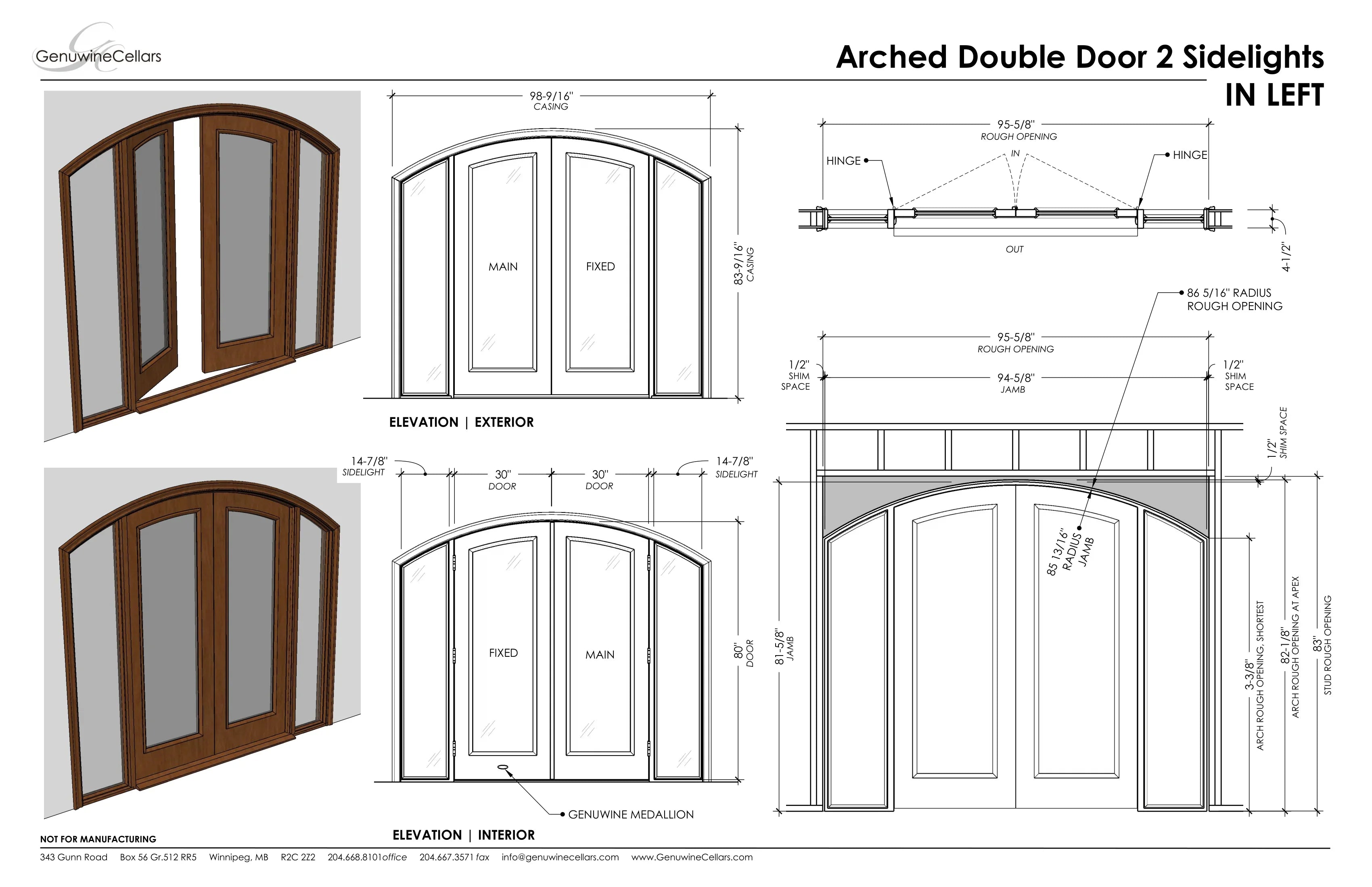 Full Glass Double Arched Cellar Door, 2 Sidelights Cherry with Lacquer / IN / LEFT-Cherry with Lacquer / IN / RIGHT-Cherry with Lacquer / OUT / LEFT-Cherry with Lacquer / OUT / RIGHT-Cherry NO Lacquer / IN / LEFT Genuwine Cellars Reserve