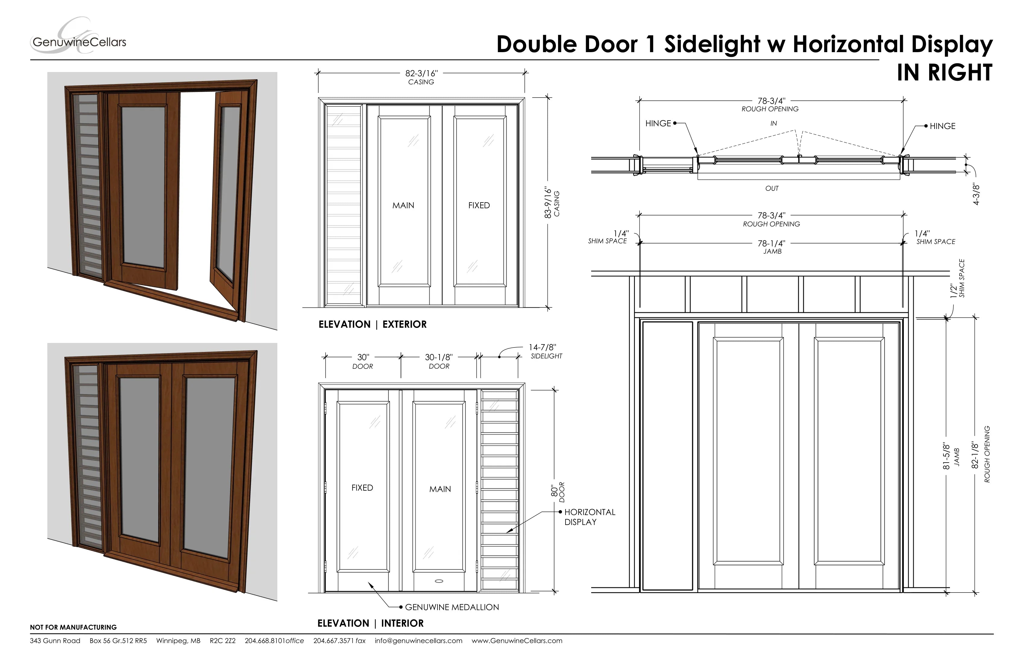 Full Glass Double Cellar Door, 1 Sidelight w/ Horizontal Display Cherry with Lacquer / IN / LEFT-Cherry with Lacquer / IN / RIGHT-Cherry with Lacquer / OUT / LEFT-Cherry with Lacquer / OUT / RIGHT-Cherry NO Lacquer / IN / LEFT Genuwine Cellars Reserve