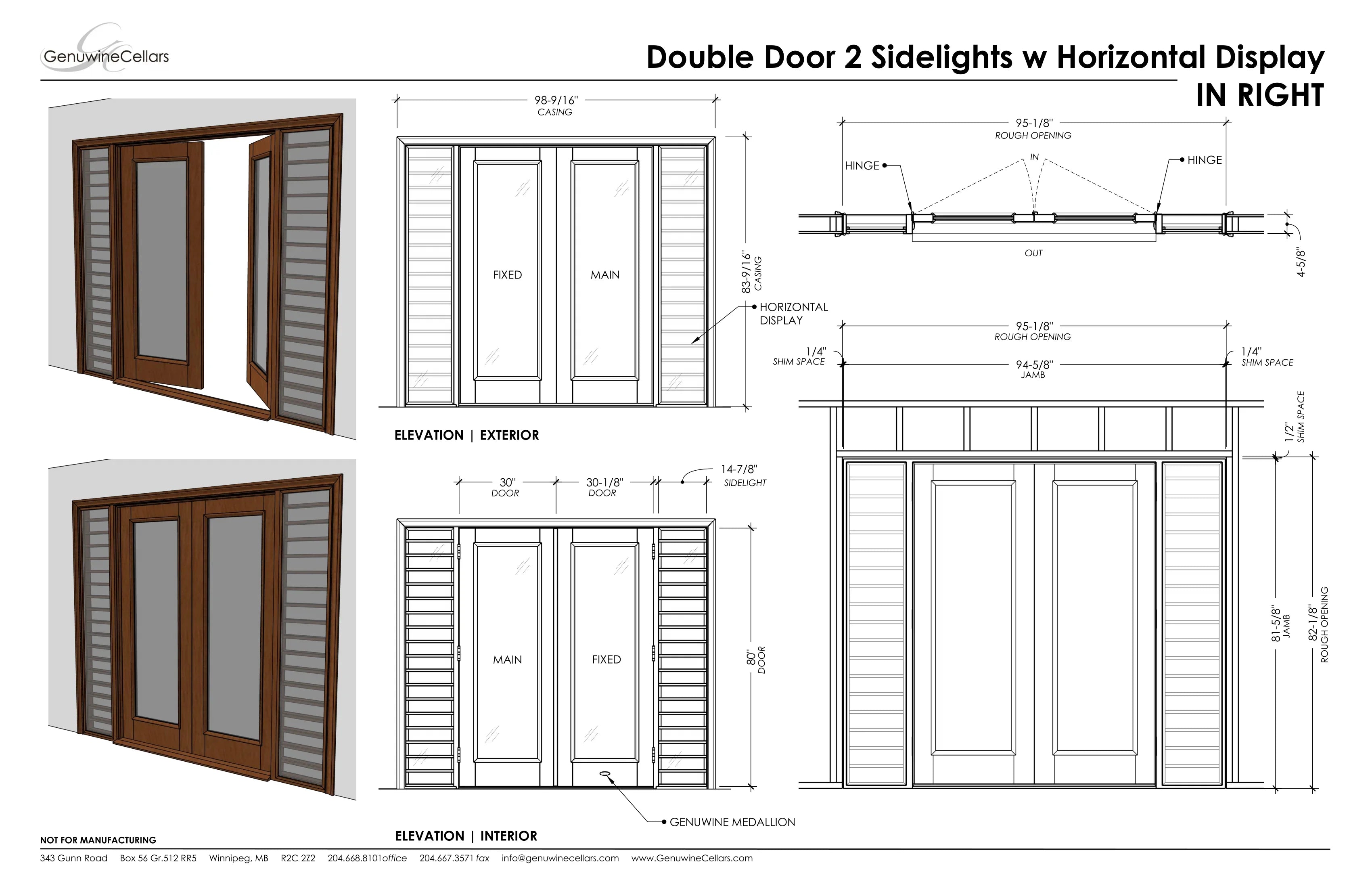 Full Glass Double Cellar Door, 2 Sidelights w/ Horizontal Displays Cherry with Lacquer / IN / LEFT-Cherry with Lacquer / IN / RIGHT-Cherry with Lacquer / OUT / LEFT-Cherry with Lacquer / OUT / RIGHT-Cherry NO Lacquer / IN / LEFT Genuwine Cellars Reserve