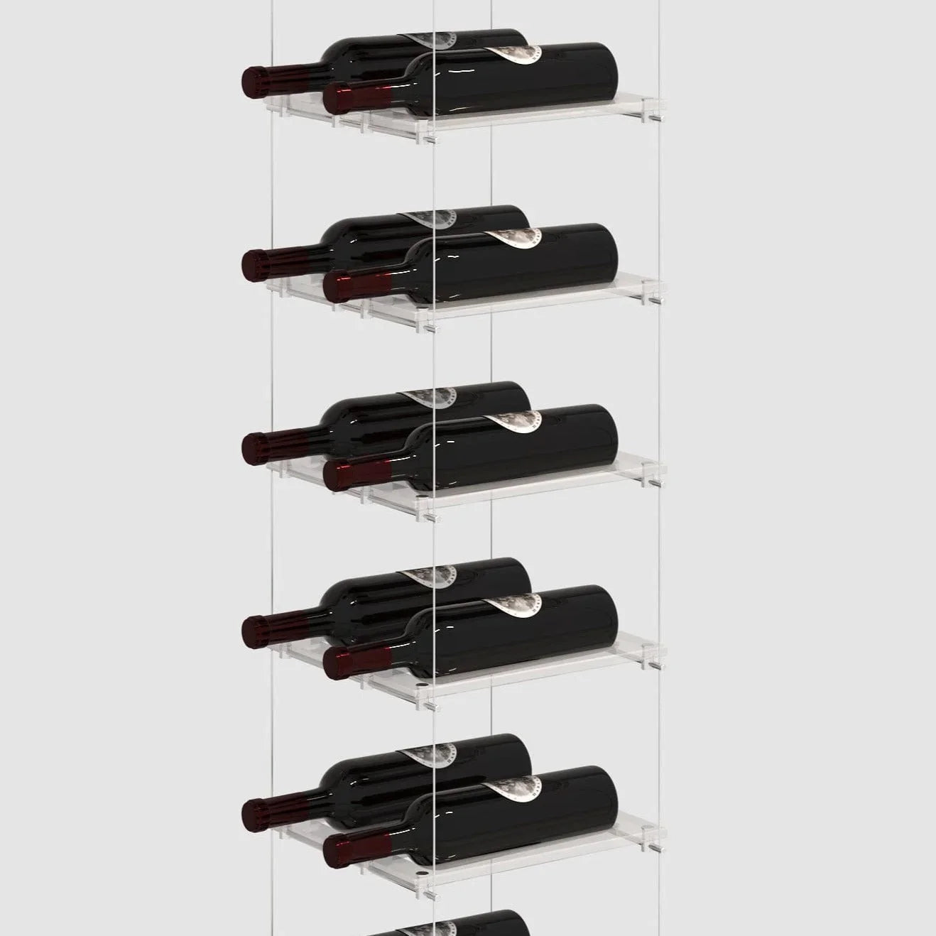 Lumina cable wine display in a floating floor-to-ceiling configuration with a minimalist silver finish and airplane-grade steel cables.