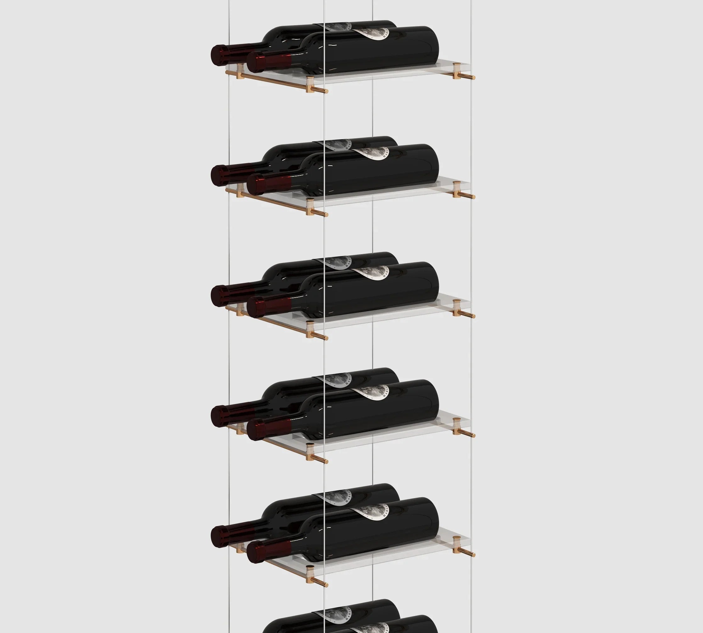 Lumina cable wine display in a floating floor-to-ceiling configuration with a minimalist silver finish and airplane-grade steel cables.