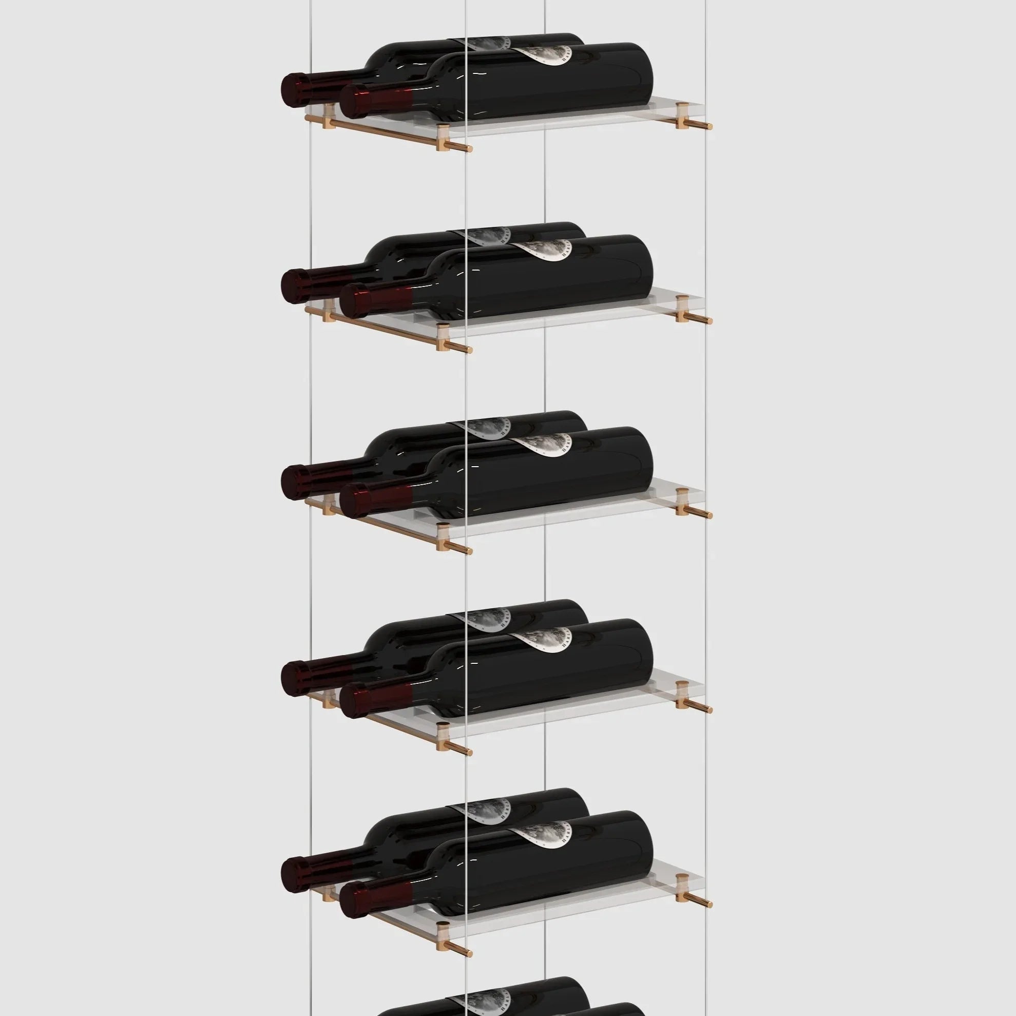 Lumina cable wine display in a floating floor-to-ceiling configuration with a minimalist silver finish and airplane-grade steel cables.