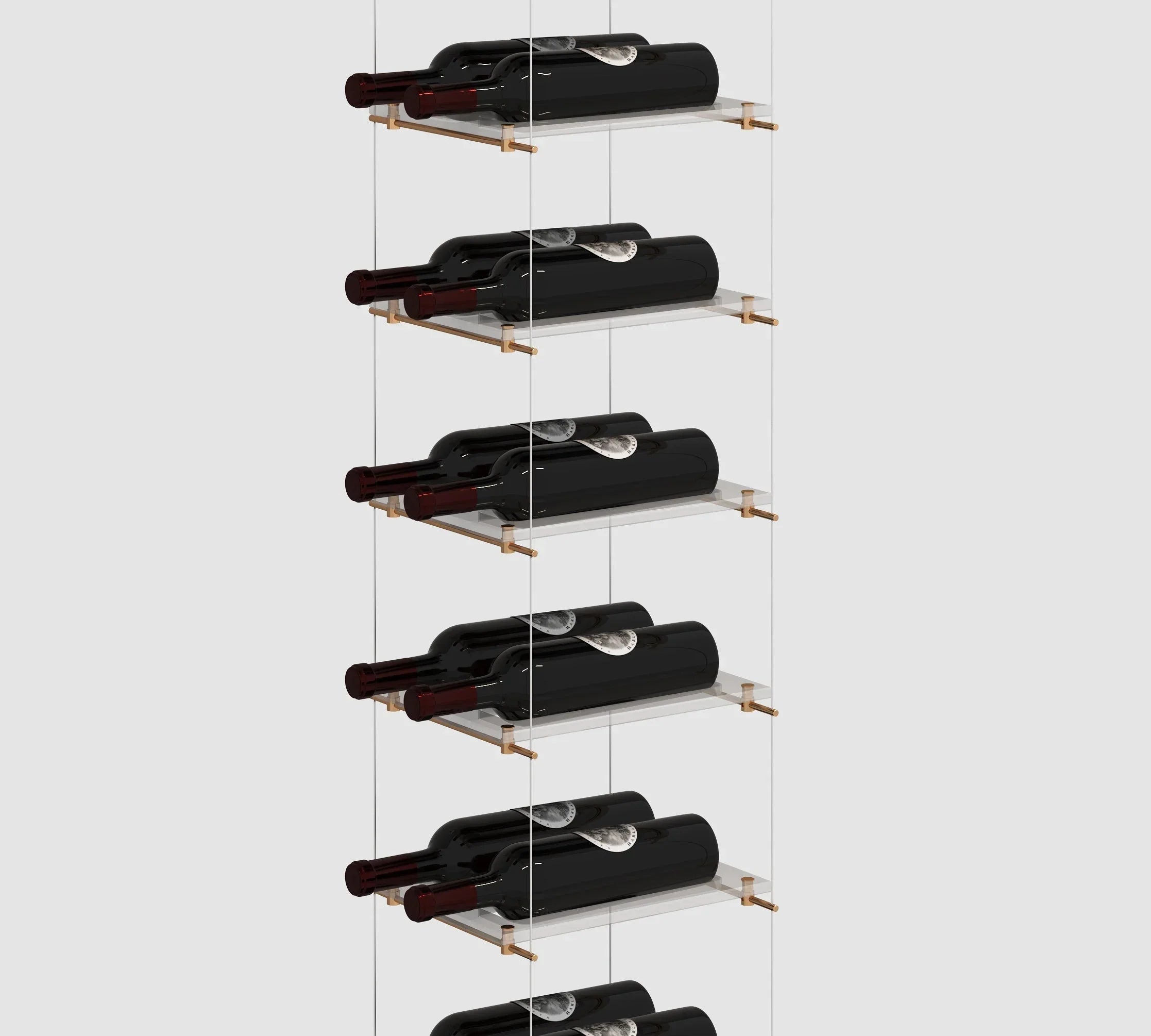Lumina cable wine display in a floating floor-to-ceiling configuration with a minimalist silver finish and airplane-grade steel cables.