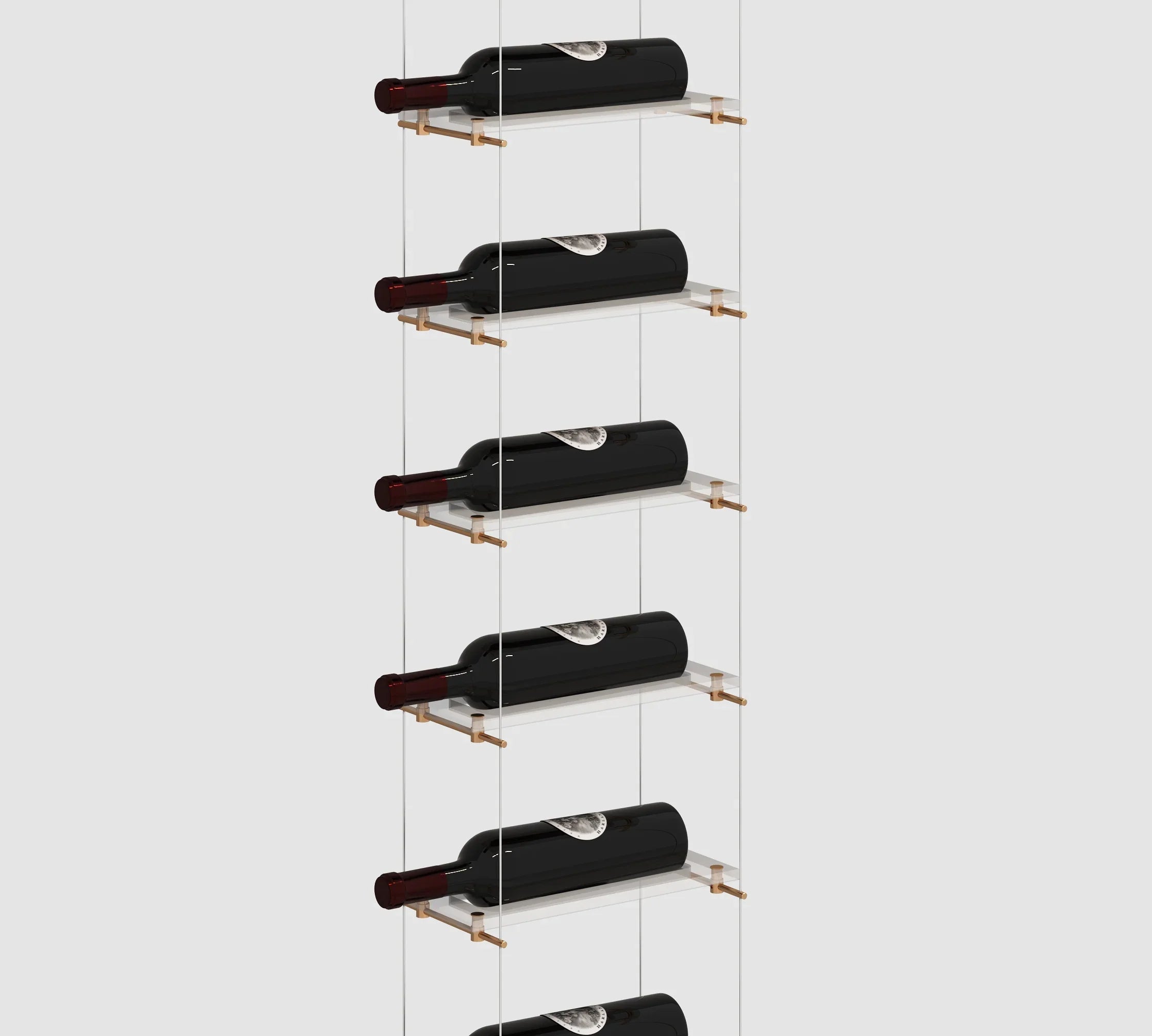 Lumina cable wine display in a floating floor-to-ceiling configuration with a minimalist silver finish and airplane-grade steel cables.