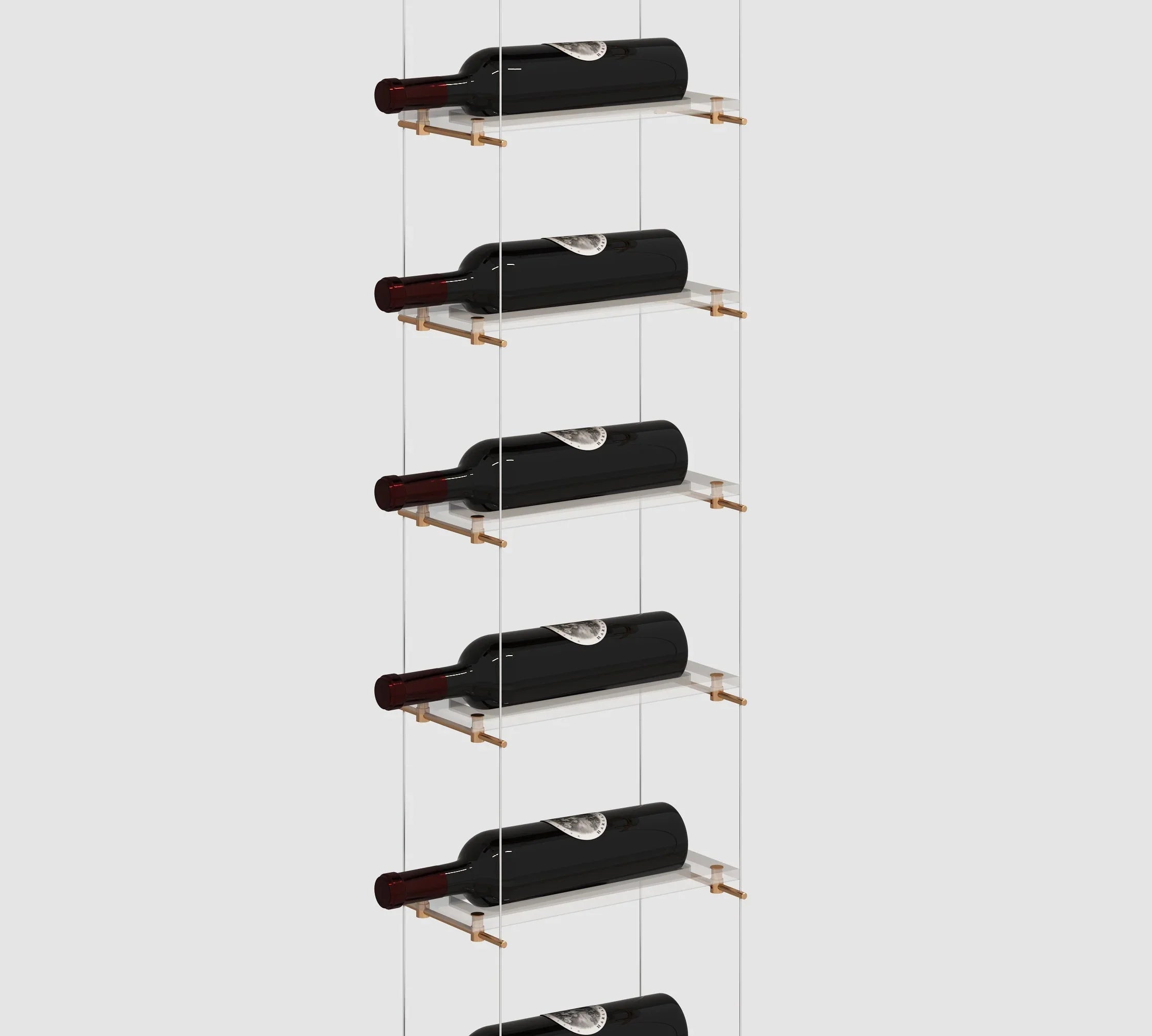 Lumina cable wine display in a floating floor-to-ceiling configuration with a minimalist silver finish and airplane-grade steel cables.