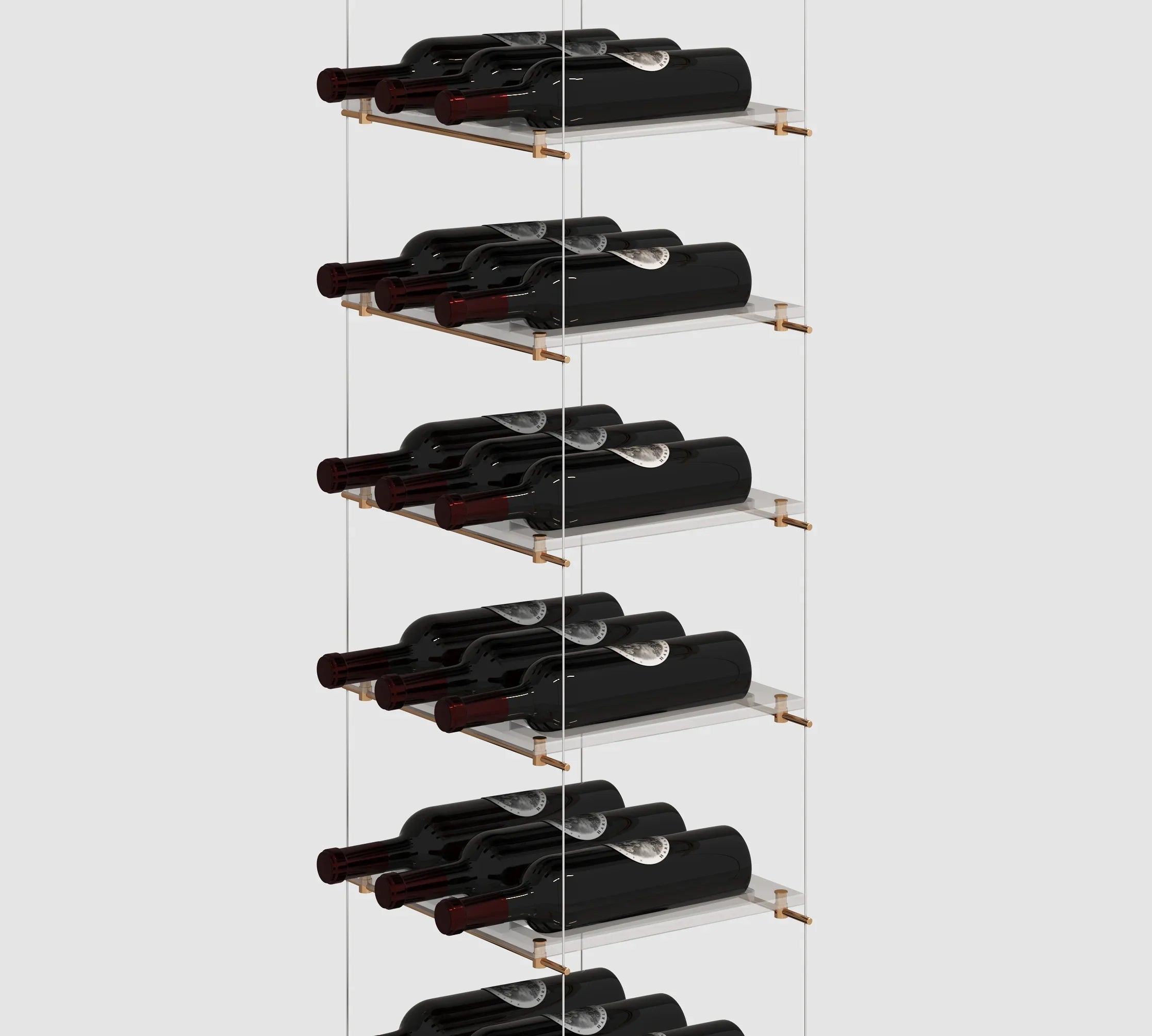 Lumina cable wine display in a floating floor-to-ceiling configuration with a minimalist silver finish and airplane-grade steel cables.