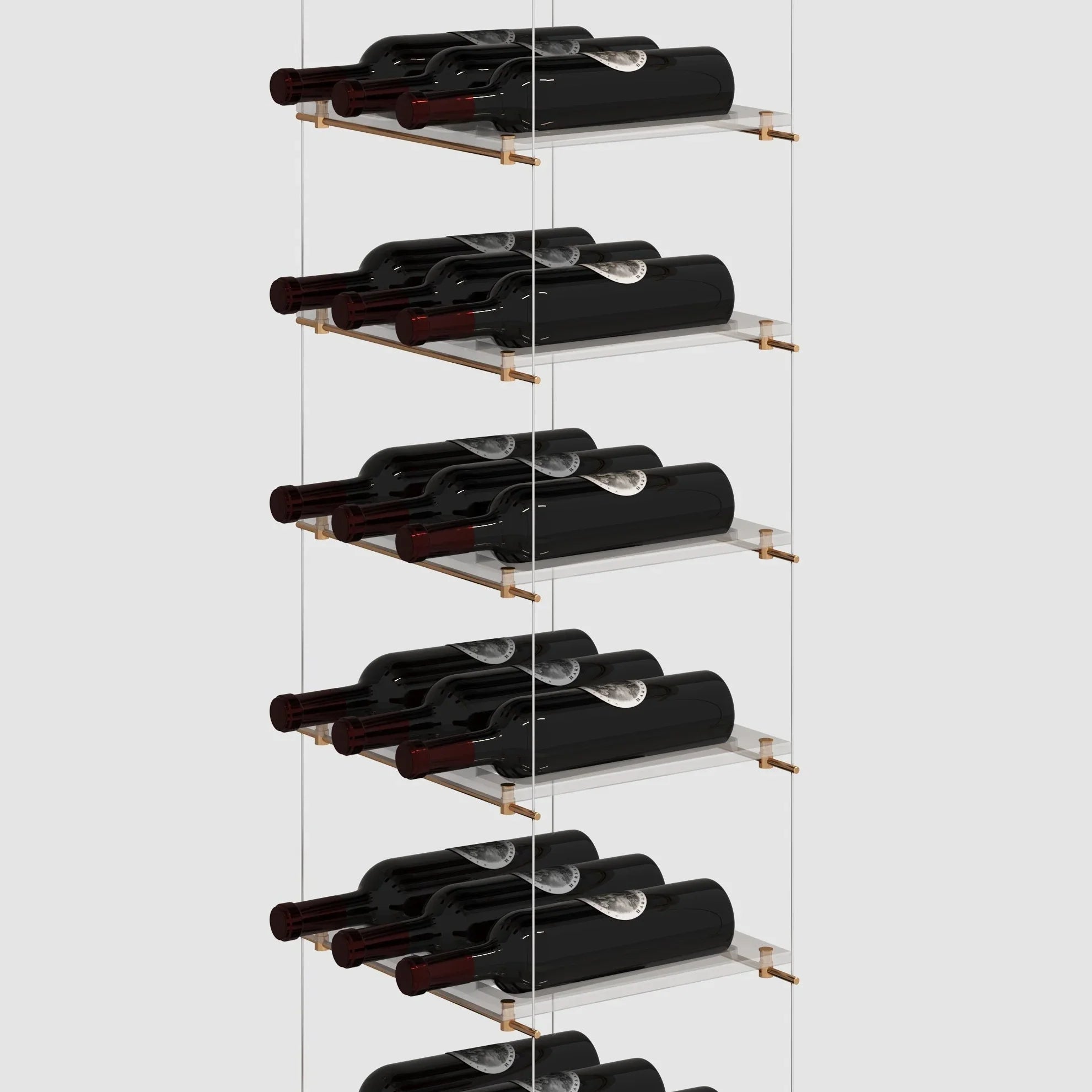 Lumina cable wine display in a floating floor-to-ceiling configuration with a minimalist silver finish and airplane-grade steel cables.