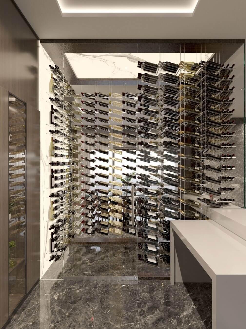 Lumina cable wine display showcasing vertical storage density with precision-milled aluminum hardware. This floating rack system highlights the secure, contemporary storage of wine bottles using a high-strength tension cable kit
