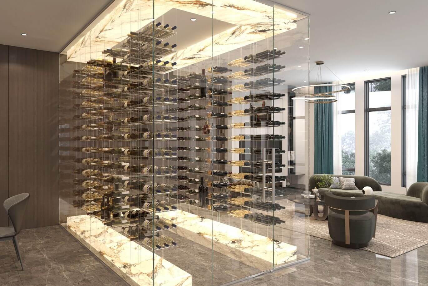 Lumina cable wine display in a floating floor-to-ceiling configuration with a minimalist silver finish and airplane-grade steel cables.
