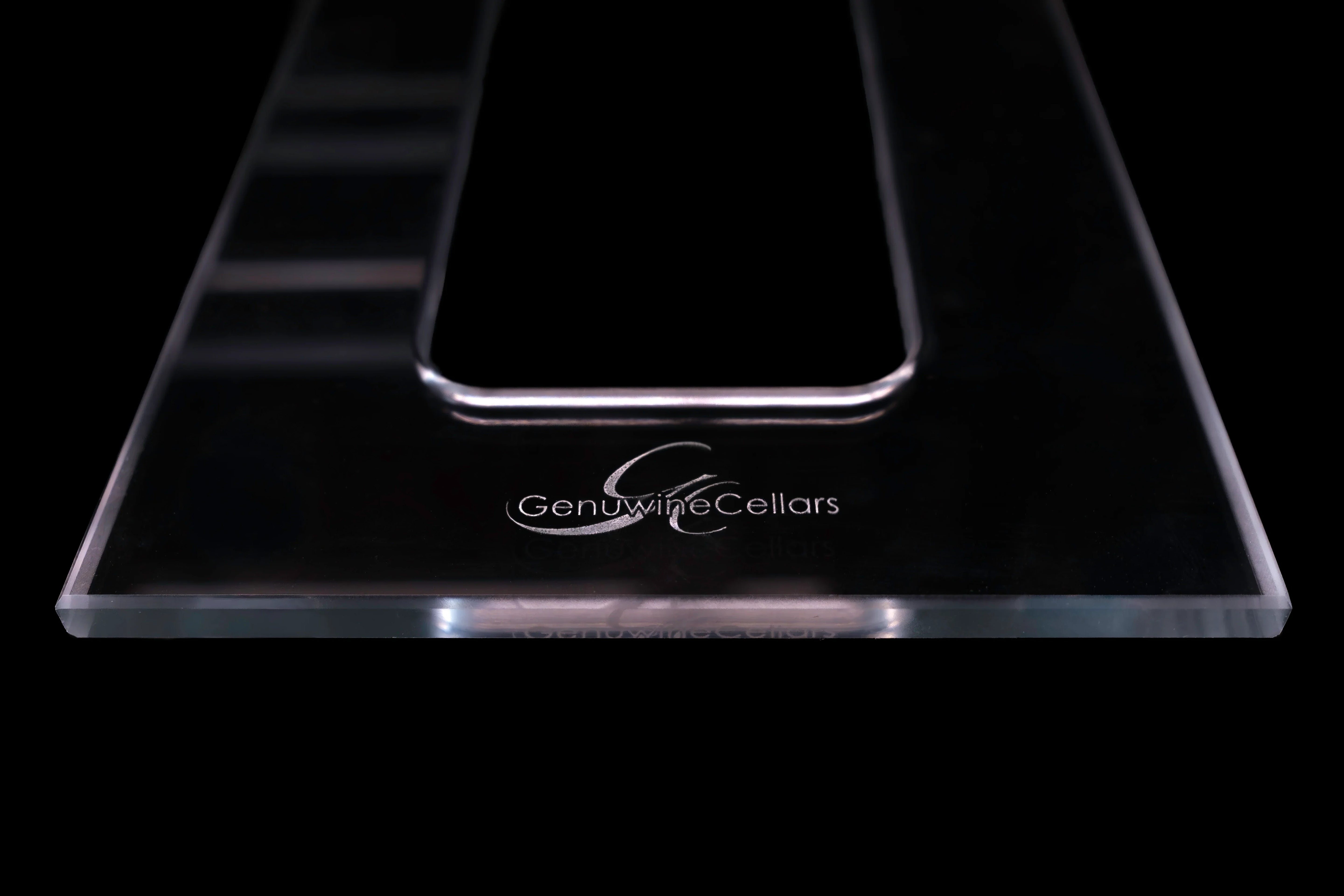 Set of clear acrylic shelves on a black premium wine rack with a silver background