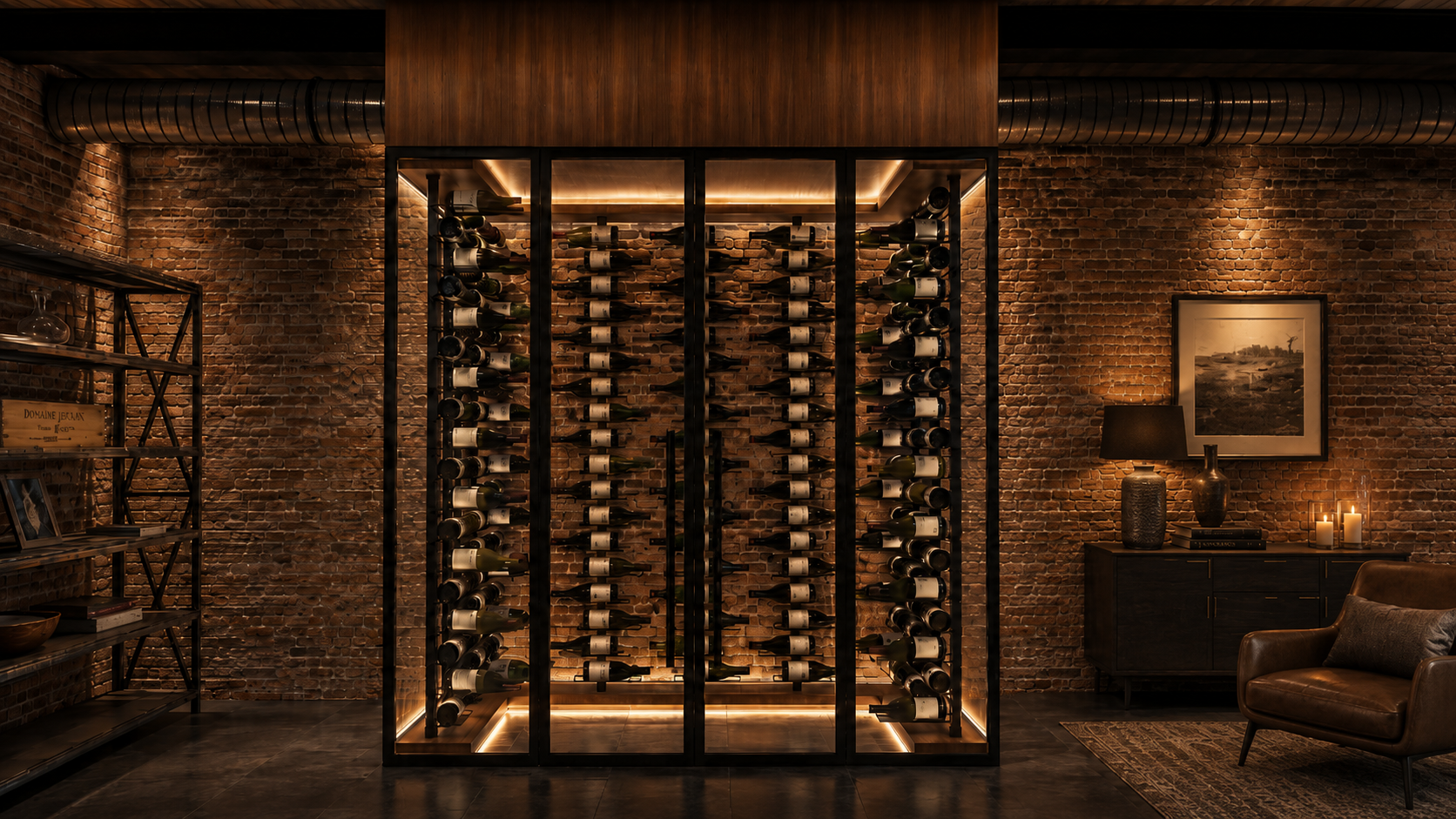 OPUS Collection - Gold Floating Wine Rack 6' / Cork Forward / 3000K Genuwine Cellars Reserve