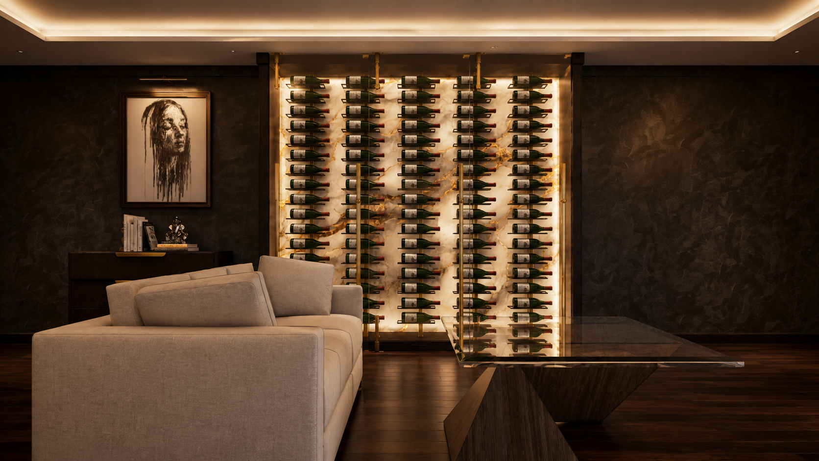 OPUS Collection - Gold Floating Wine Rack 6' / Cork Forward / 3000K Genuwine Cellars Reserve