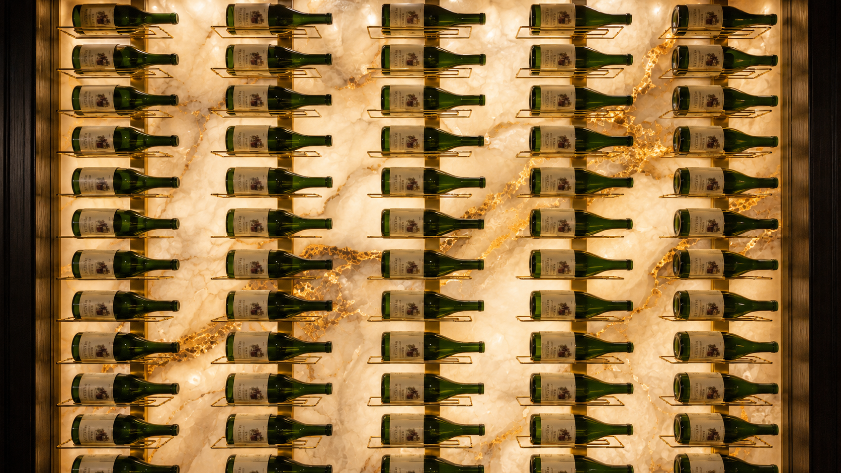 OPUS Collection - Gold Floating Wine Rack 6' / Cork Forward / 3000K Genuwine Cellars Reserve