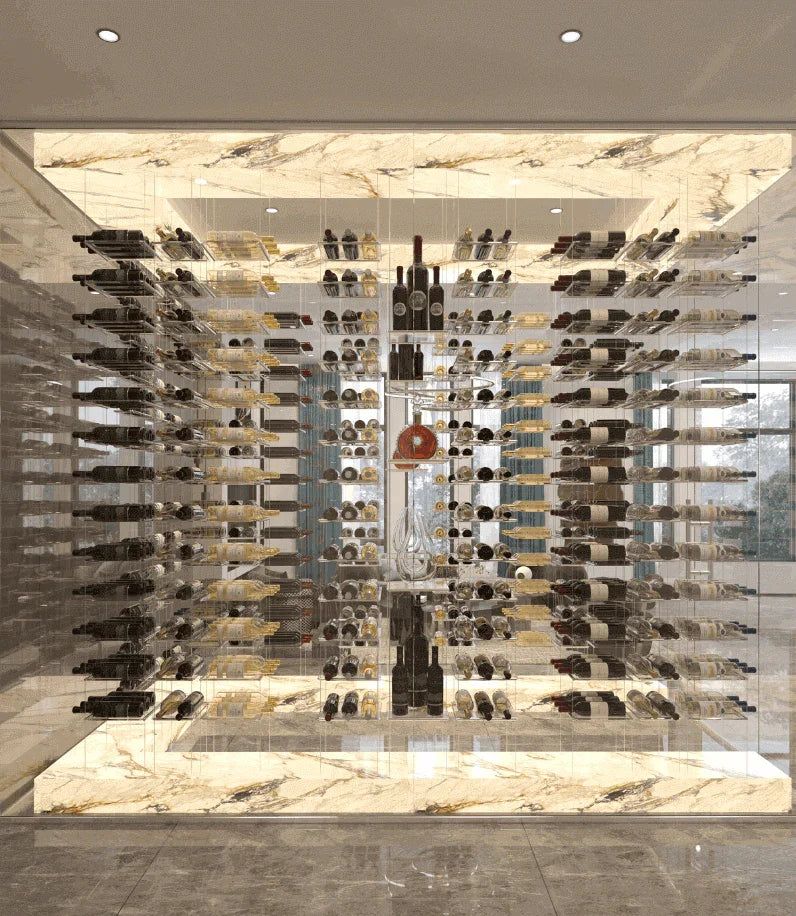 Lumina cable wine display in a floating floor-to-ceiling configuration with a minimalist silver finish and airplane-grade steel cables.