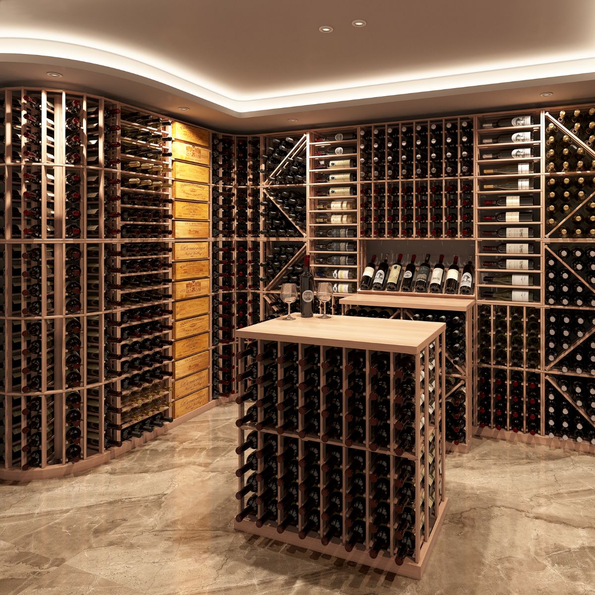 rustic wine cellar with Kit Rack Wood Tasting Table
