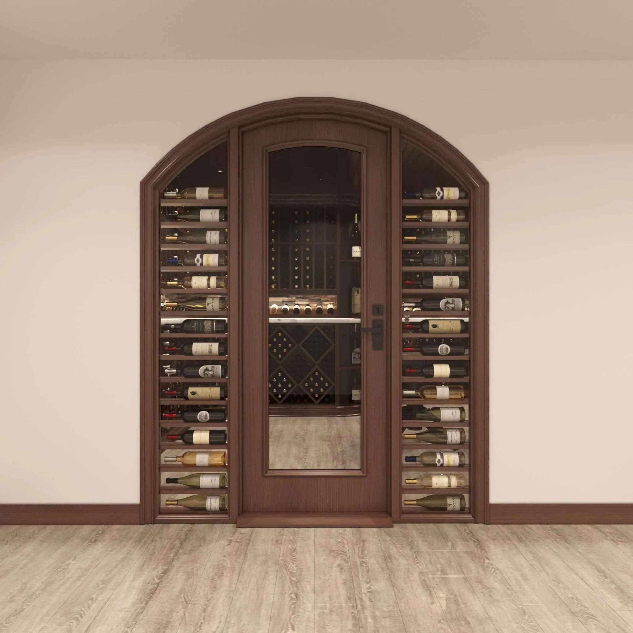 Arched Full Glass Door, 2 Sidelights w/ Horizontal Displays Cherry with Lacquer / IN / LEFT-Cherry with Lacquer / IN / RIGHT-Cherry with Lacquer / OUT / LEFT-Cherry with Lacquer / OUT / RIGHT-Cherry NO Lacquer / IN / LEFT Genuwine Cellars Reserve