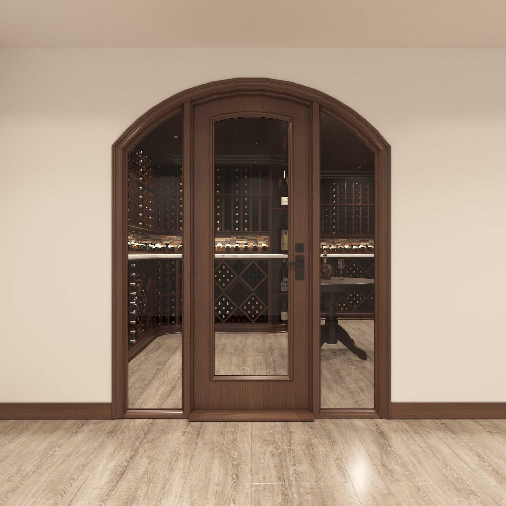 Arched Full Glass Single Cellar Door, 2 Sidelights Cherry with Lacquer / IN / LEFT-Cherry with Lacquer / IN / RIGHT-Cherry with Lacquer / OUT / LEFT-Cherry with Lacquer / OUT / RIGHT-Cherry NO Lacquer / IN / LEFT Genuwine Cellars Reserve