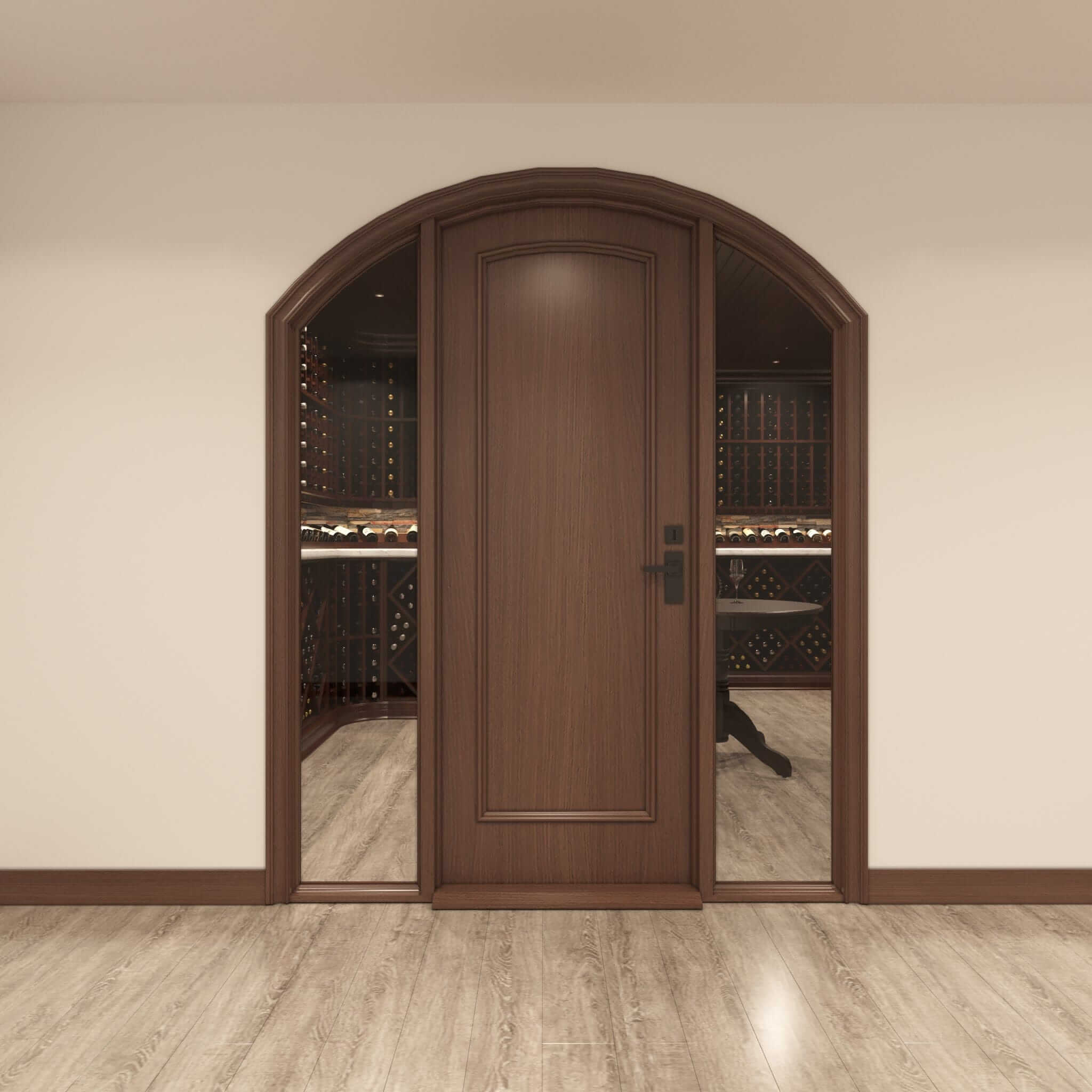 wooden arched wine cellar door by Genuwine Cellars