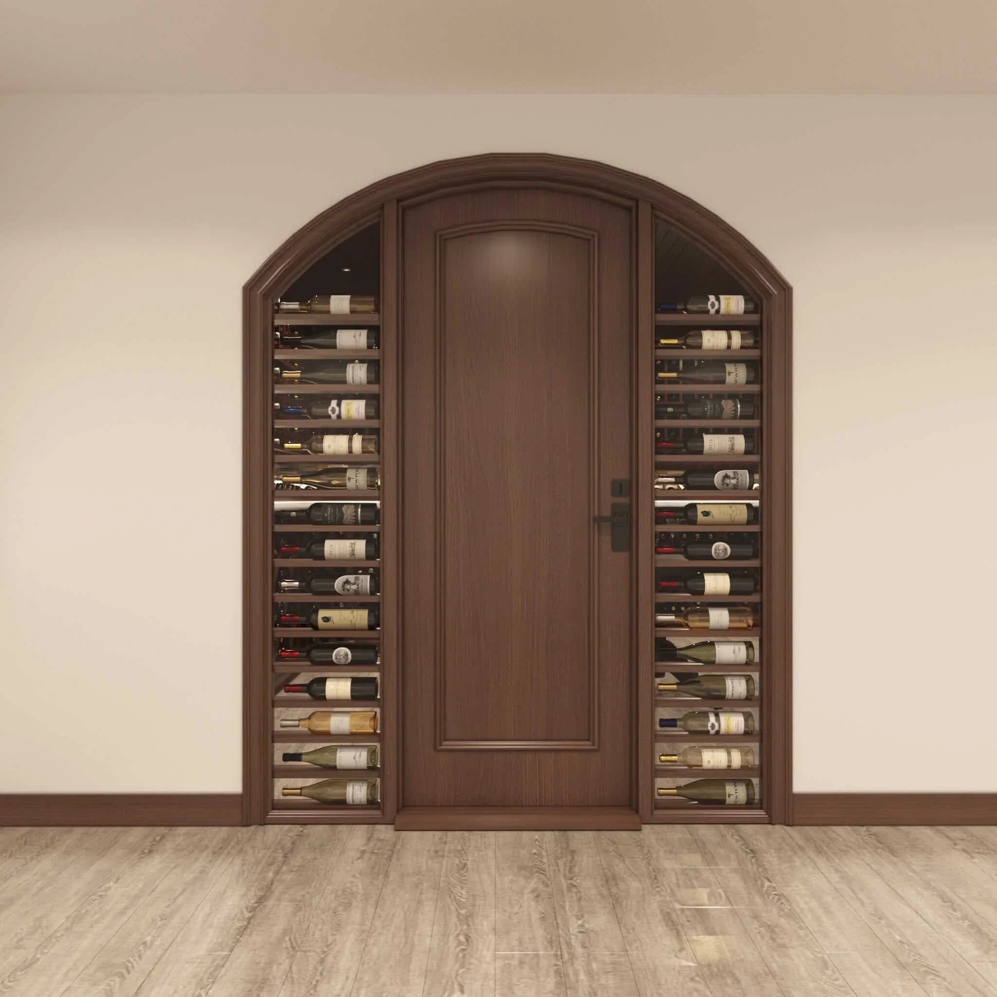 Arched Panel Door, 2 Sidelights w/ Horizontal Displays Cherry with Lacquer / IN / LEFT-Cherry with Lacquer / IN / RIGHT-Cherry with Lacquer / OUT / LEFT-Cherry with Lacquer / OUT / RIGHT-Cherry NO Lacquer / IN / LEFT Genuwine Cellars Reserve