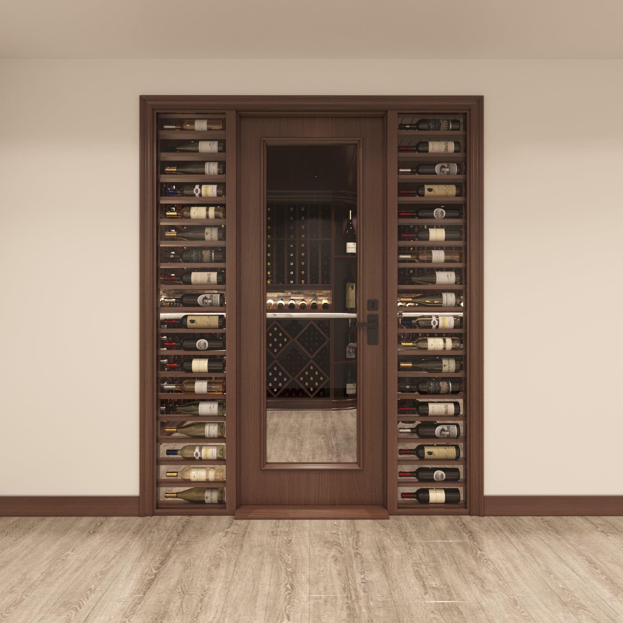 wooden wine cellar glass door with horizontal bottle display