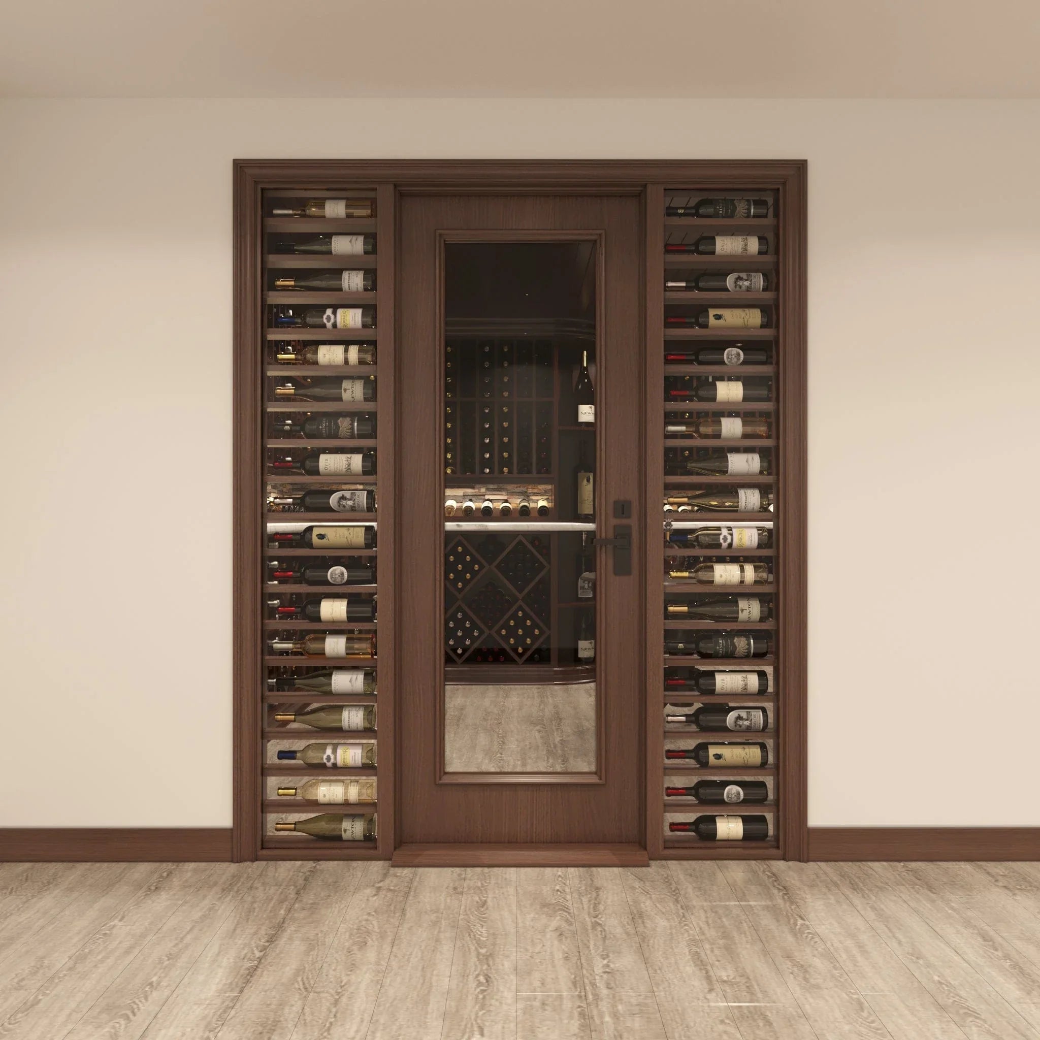 Full Glass Door, 2 Sidelights w/ Horizontal Displays Cherry with Lacquer / IN / LEFT-Cherry with Lacquer / IN / RIGHT-Cherry with Lacquer / OUT / LEFT-Cherry with Lacquer / OUT / RIGHT-Cherry NO Lacquer / IN / LEFT Genuwine Cellars Reserve