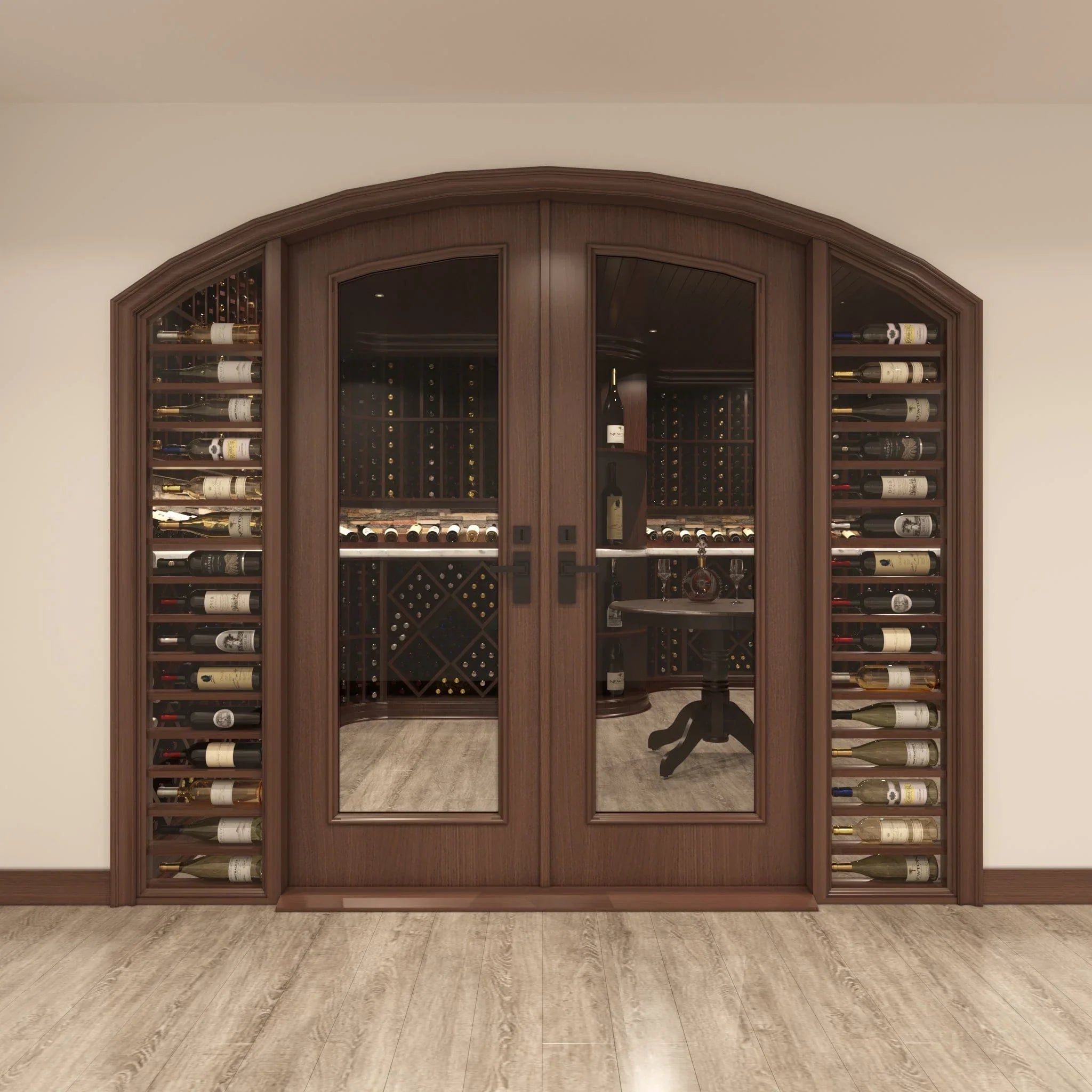 Full Glass Double Arched Cellar Door, 2 Sidelights w/ Horizontal Displays Cherry with Lacquer / IN / LEFT-Cherry with Lacquer / IN / RIGHT-Cherry with Lacquer / OUT / LEFT-Cherry with Lacquer / OUT / RIGHT-Cherry NO Lacquer / IN / LEFT Genuwine Cellars Reserve