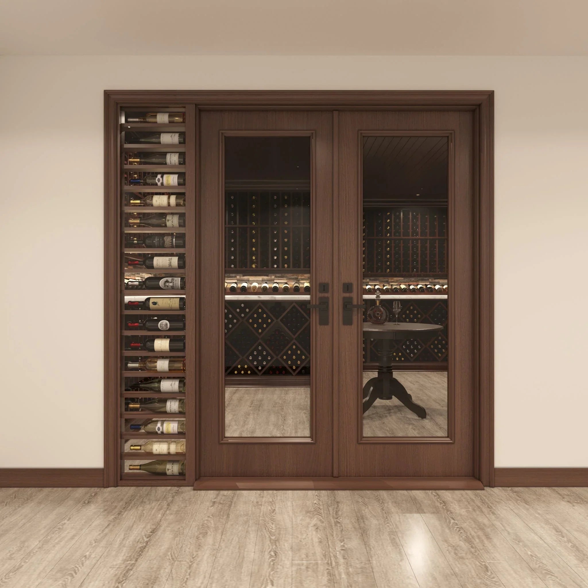 Full Glass Double Cellar Door, 1 Sidelight w/ Horizontal Display Cherry with Lacquer / IN / LEFT-Cherry with Lacquer / IN / RIGHT-Cherry with Lacquer / OUT / LEFT-Cherry with Lacquer / OUT / RIGHT-Cherry NO Lacquer / IN / LEFT Genuwine Cellars Reserve