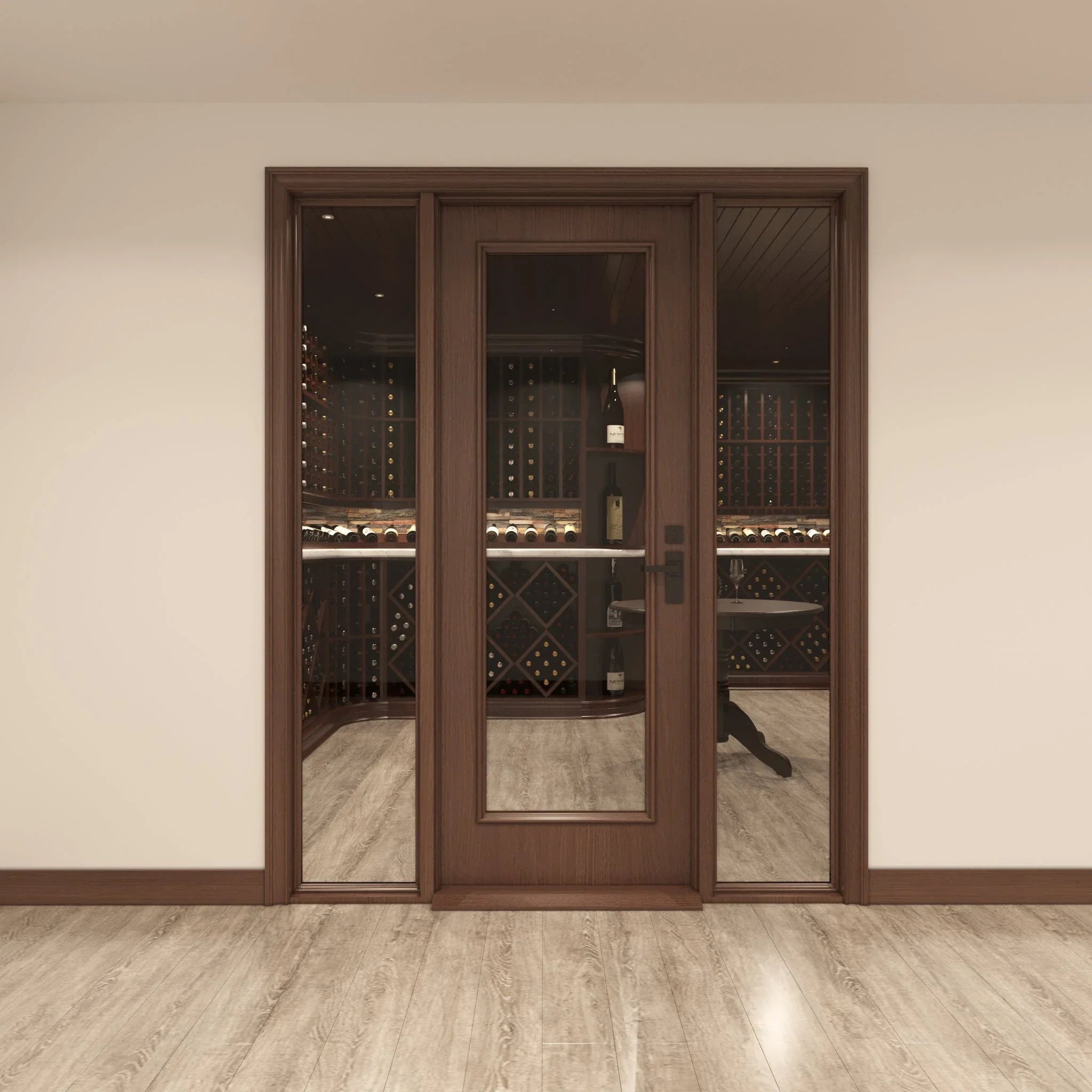 Full Glass Single Cellar Door, 2 Sidelights Cherry with Lacquer / IN / LEFT-Cherry with Lacquer / IN / RIGHT-Cherry with Lacquer / OUT / LEFT-Cherry with Lacquer / OUT / RIGHT-Cherry NO Lacquer / IN / LEFT Genuwine Cellars Reserve