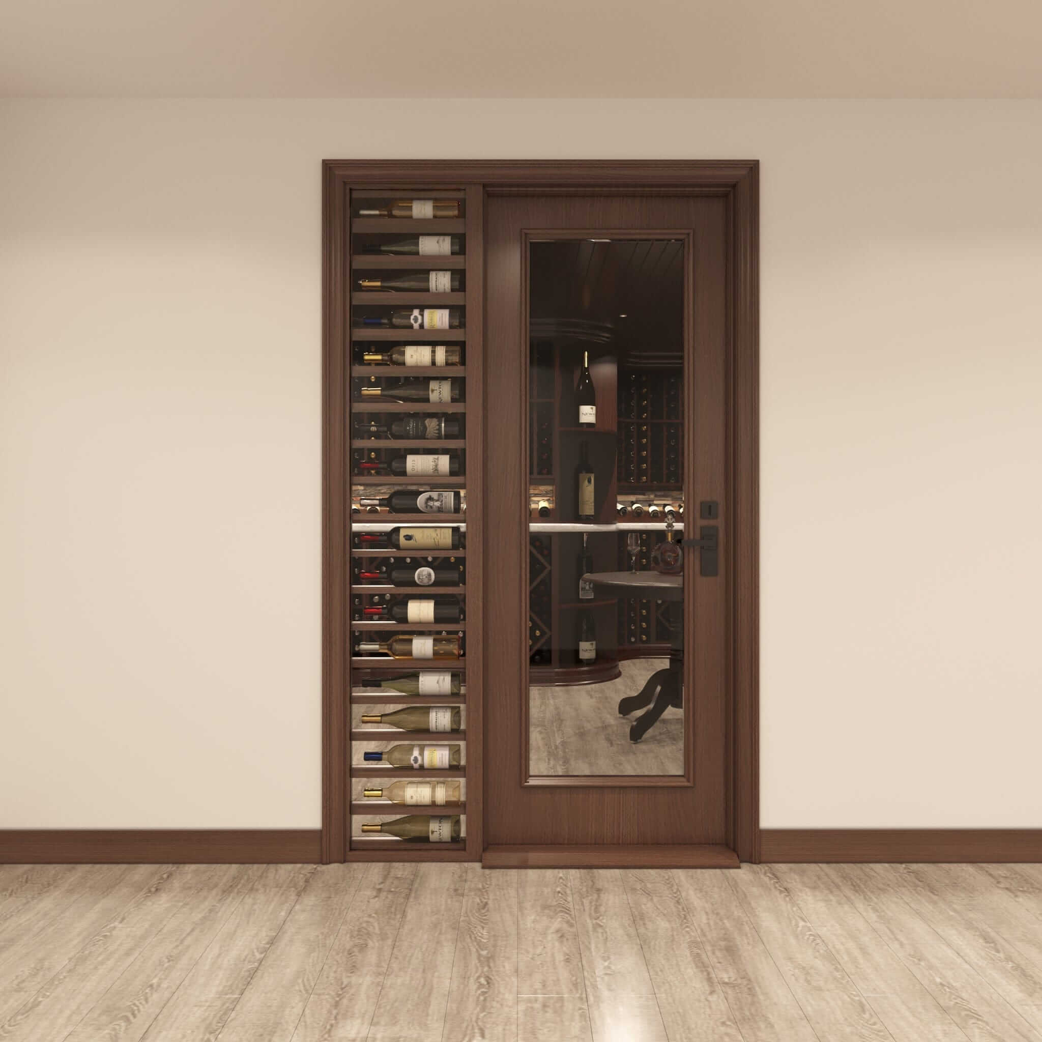 wooden glass door wine cellar with wine bottles display