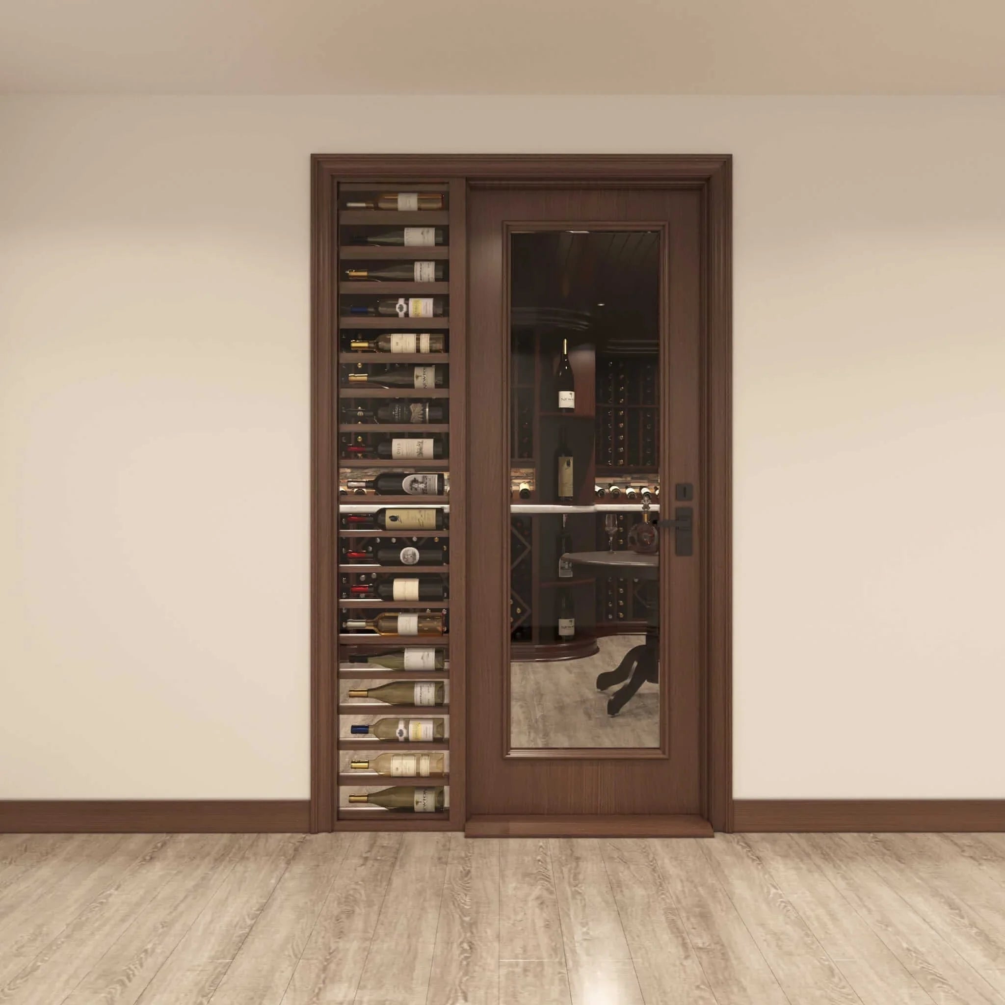 Full Glass Door, 1 Sidelight w/ Horizontal Display Cherry with Lacquer / IN / LEFT-Cherry with Lacquer / IN / RIGHT-Cherry with Lacquer / OUT / LEFT-Cherry with Lacquer / OUT / RIGHT-Cherry NO Lacquer / IN / LEFT Genuwine Cellars Reserve