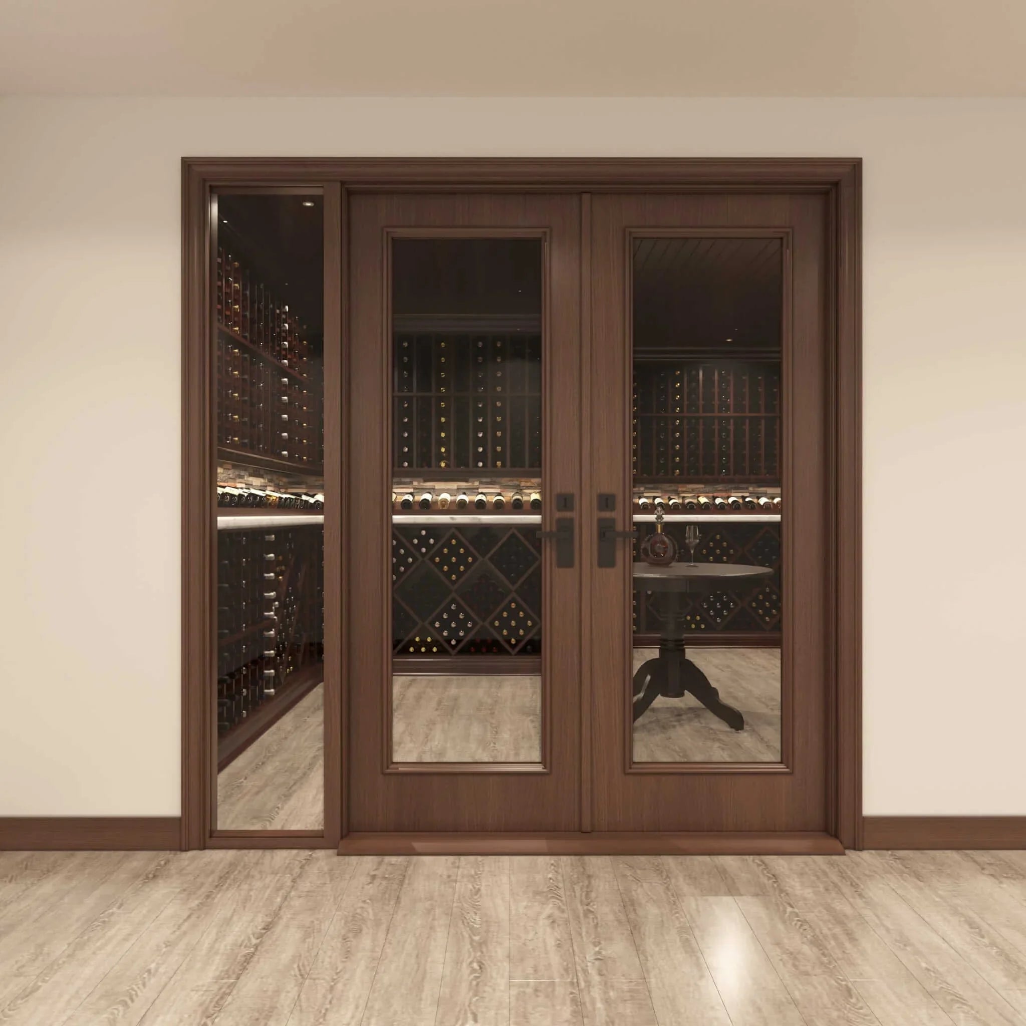Full Glass Double Cellar Door, 1 Sidelight Cherry with Lacquer / IN / LEFT-Cherry with Lacquer / IN / RIGHT-Cherry with Lacquer / OUT / LEFT-Cherry with Lacquer / OUT / RIGHT-Cherry NO Lacquer / IN / LEFT Genuwine Cellars Reserve