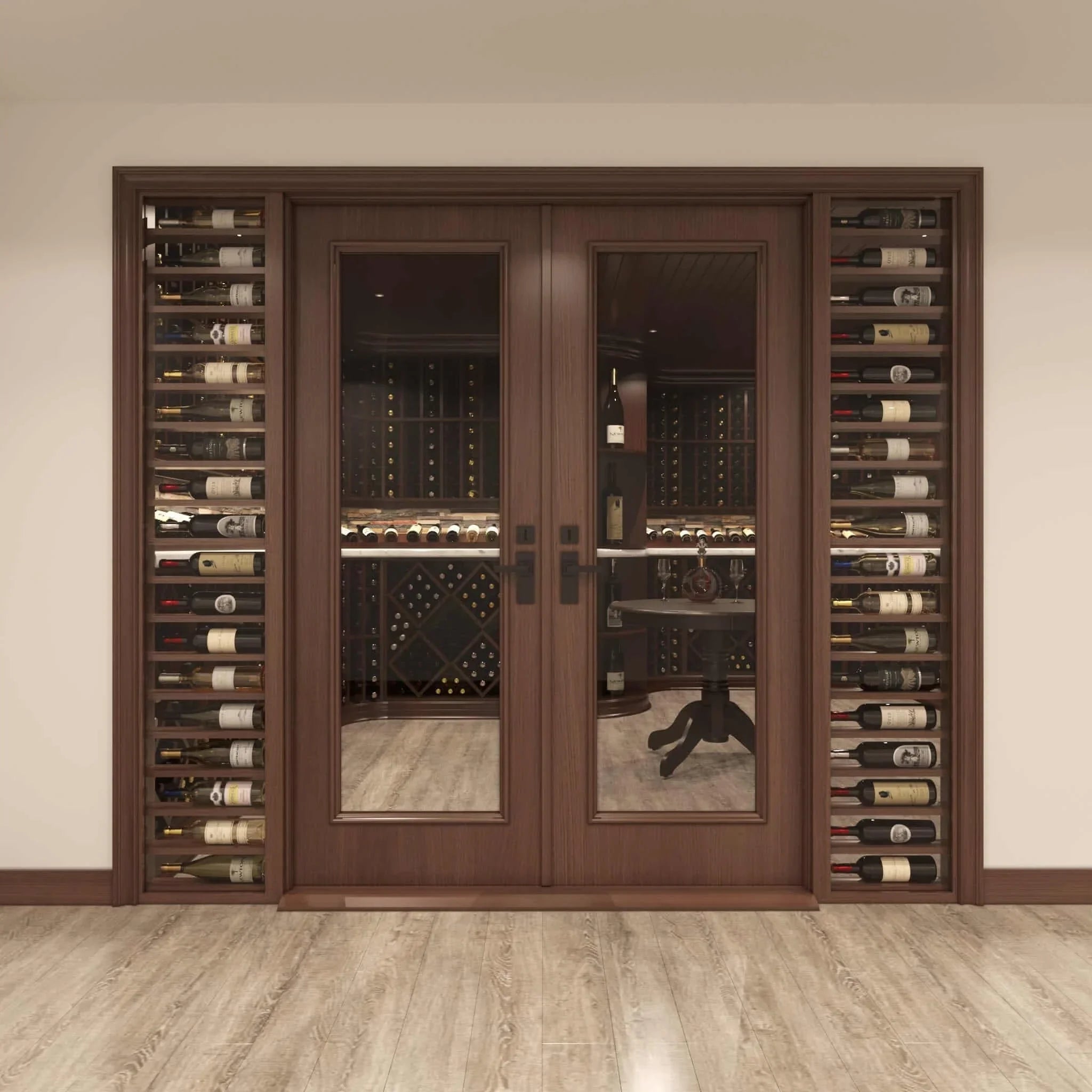 Full Glass Double Cellar Door, 2 Sidelights w/ Horizontal Displays Cherry with Lacquer / IN / LEFT-Cherry with Lacquer / IN / RIGHT-Cherry with Lacquer / OUT / LEFT-Cherry with Lacquer / OUT / RIGHT-Cherry NO Lacquer / IN / LEFT Genuwine Cellars Reserve