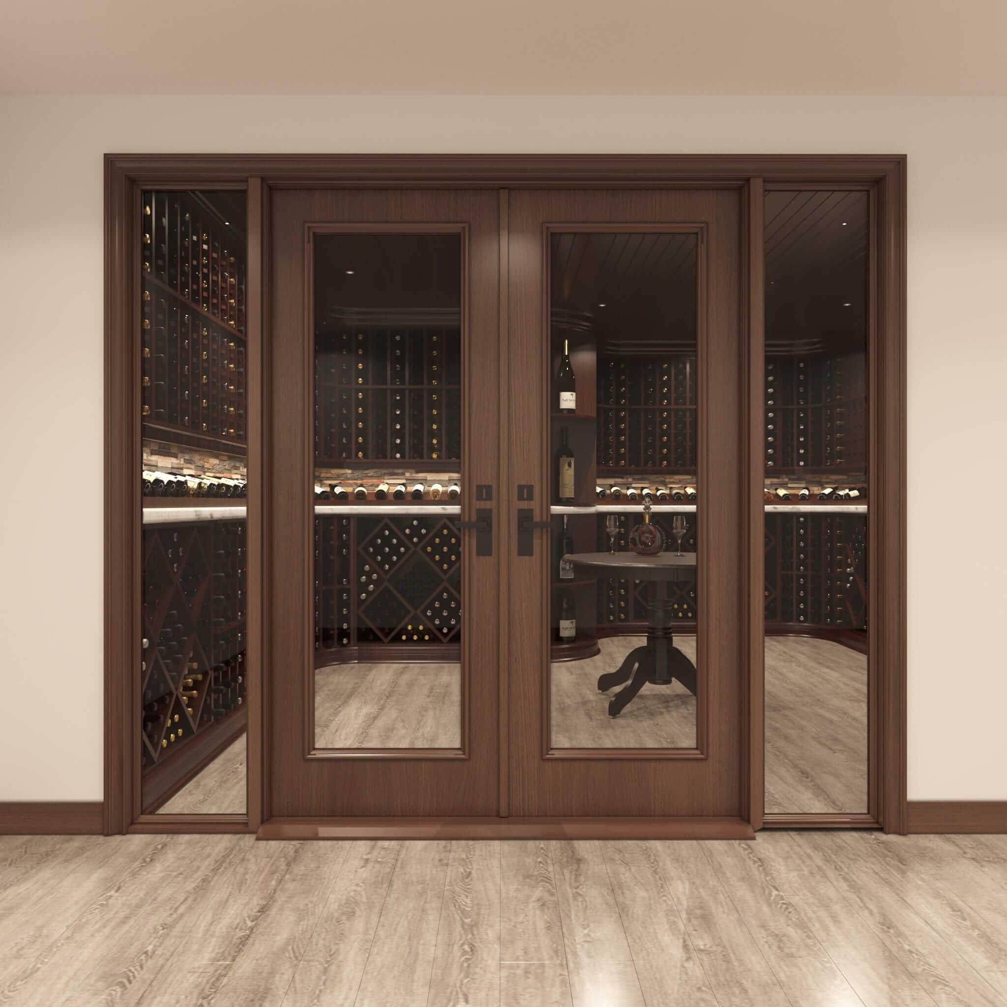 Full Glass Double Cellar Door, 2 Sidelights Cherry with Lacquer / IN / LEFT-Cherry with Lacquer / IN / RIGHT-Cherry with Lacquer / OUT / LEFT-Cherry with Lacquer / OUT / RIGHT-Cherry NO Lacquer / IN / LEFT Genuwine Cellars Reserve