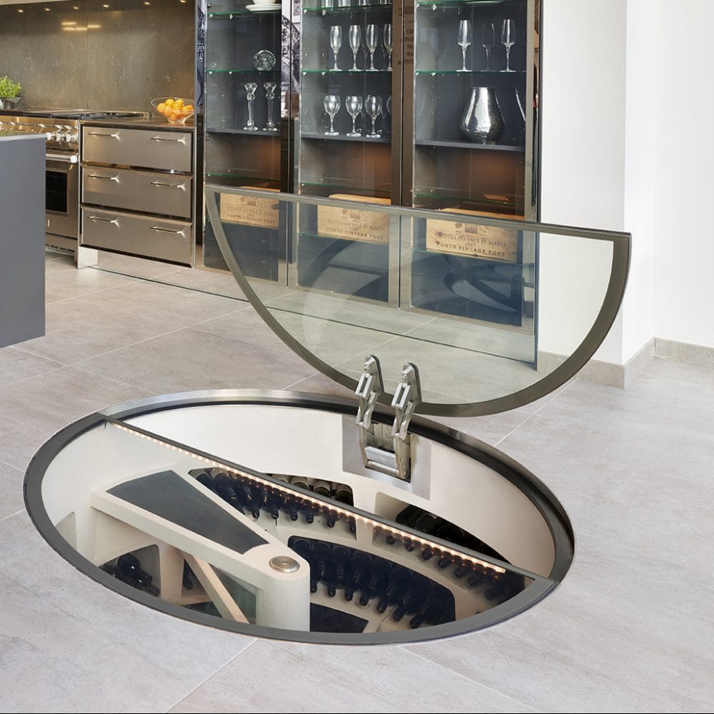 Hinged Round Spiral Cellar Glass Door Genuwine Cellars Reserve