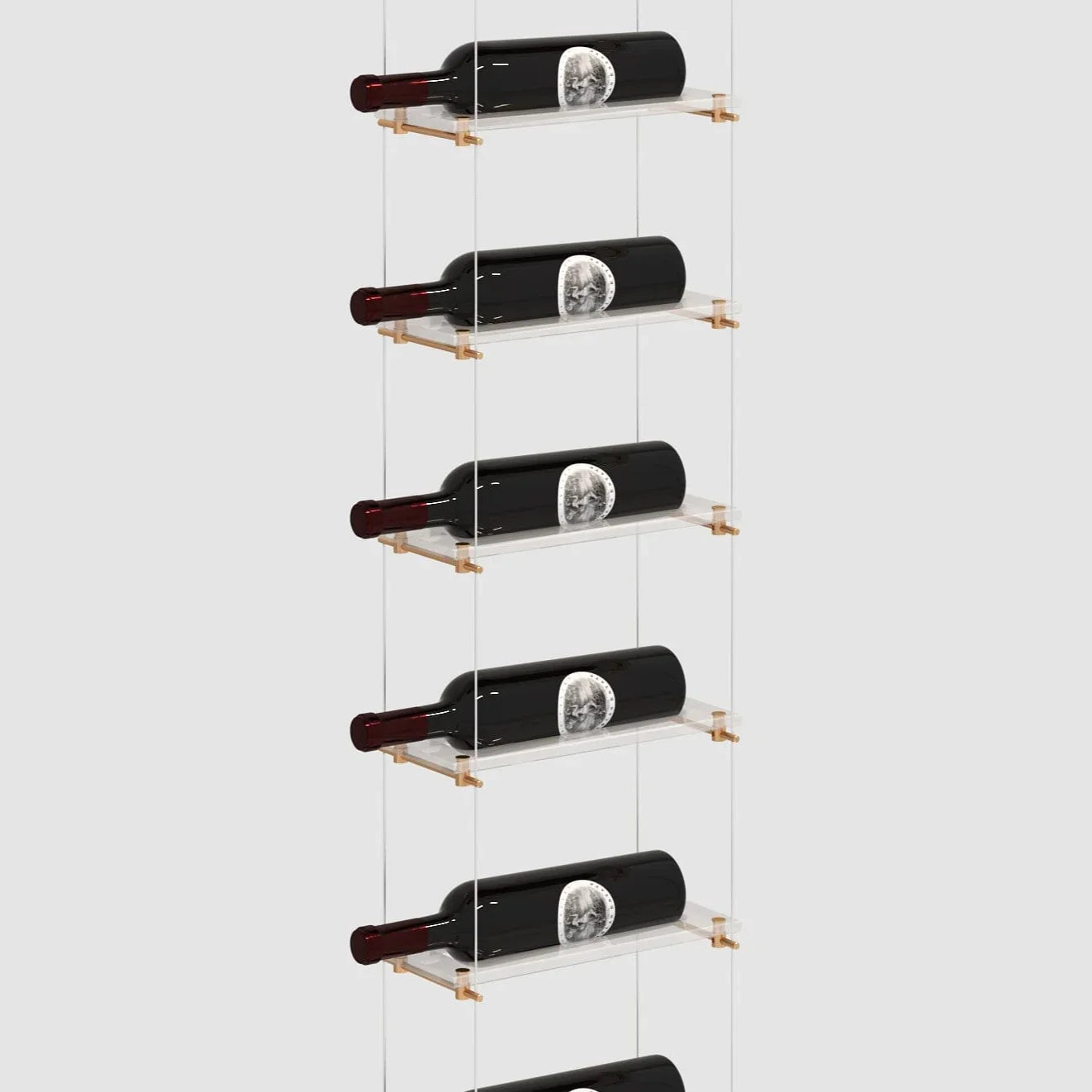 Lumina cable wine display in a floating floor-to-ceiling configuration with a minimalist silver finish and airplane-grade steel cables.