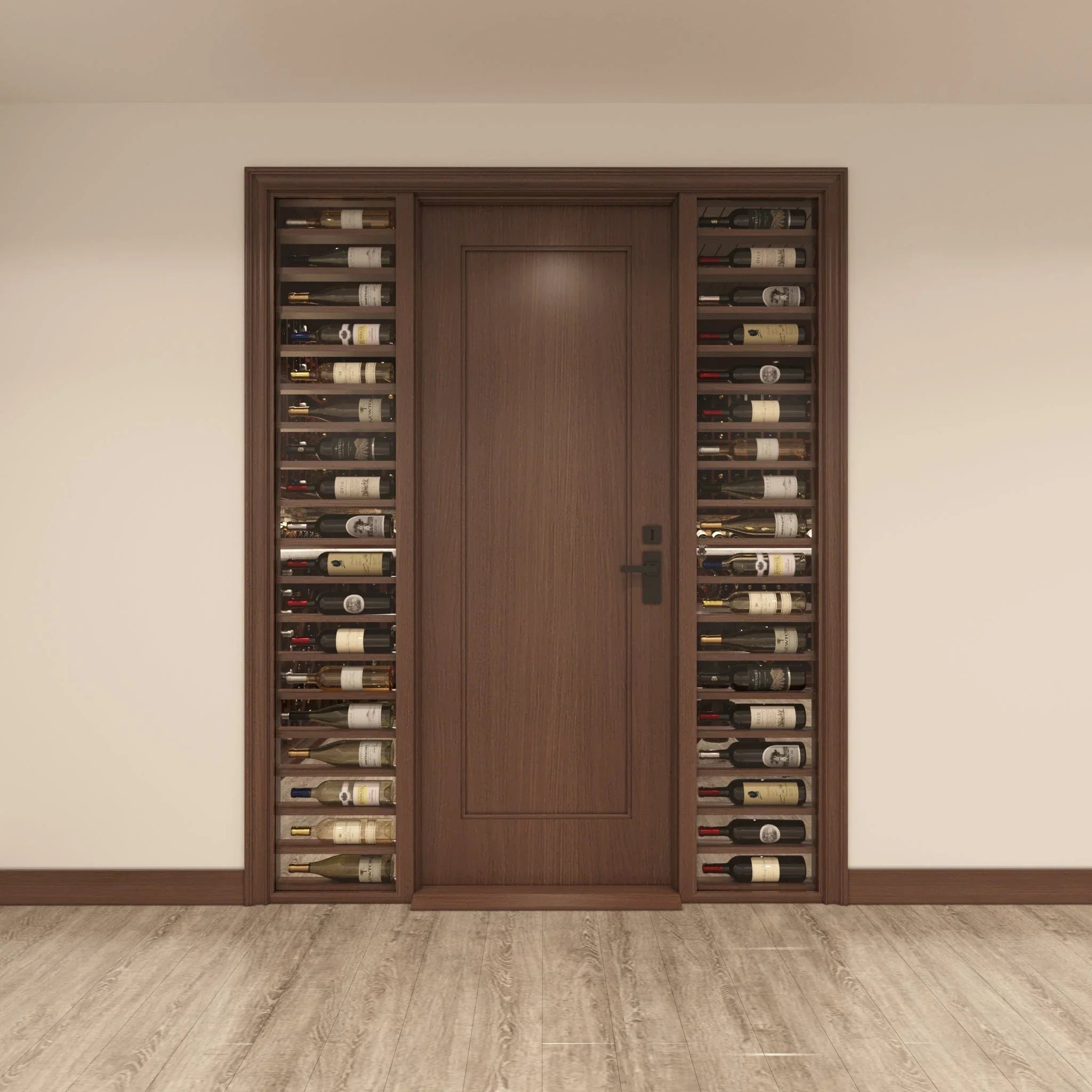 Panel Door, 2 Sidelights w/ Horizontal Displays Cherry with Lacquer / IN / LEFT-Cherry with Lacquer / IN / RIGHT-Cherry with Lacquer / OUT / LEFT-Cherry with Lacquer / OUT / RIGHT-Cherry NO Lacquer / IN / LEFT Genuwine Cellars Reserve