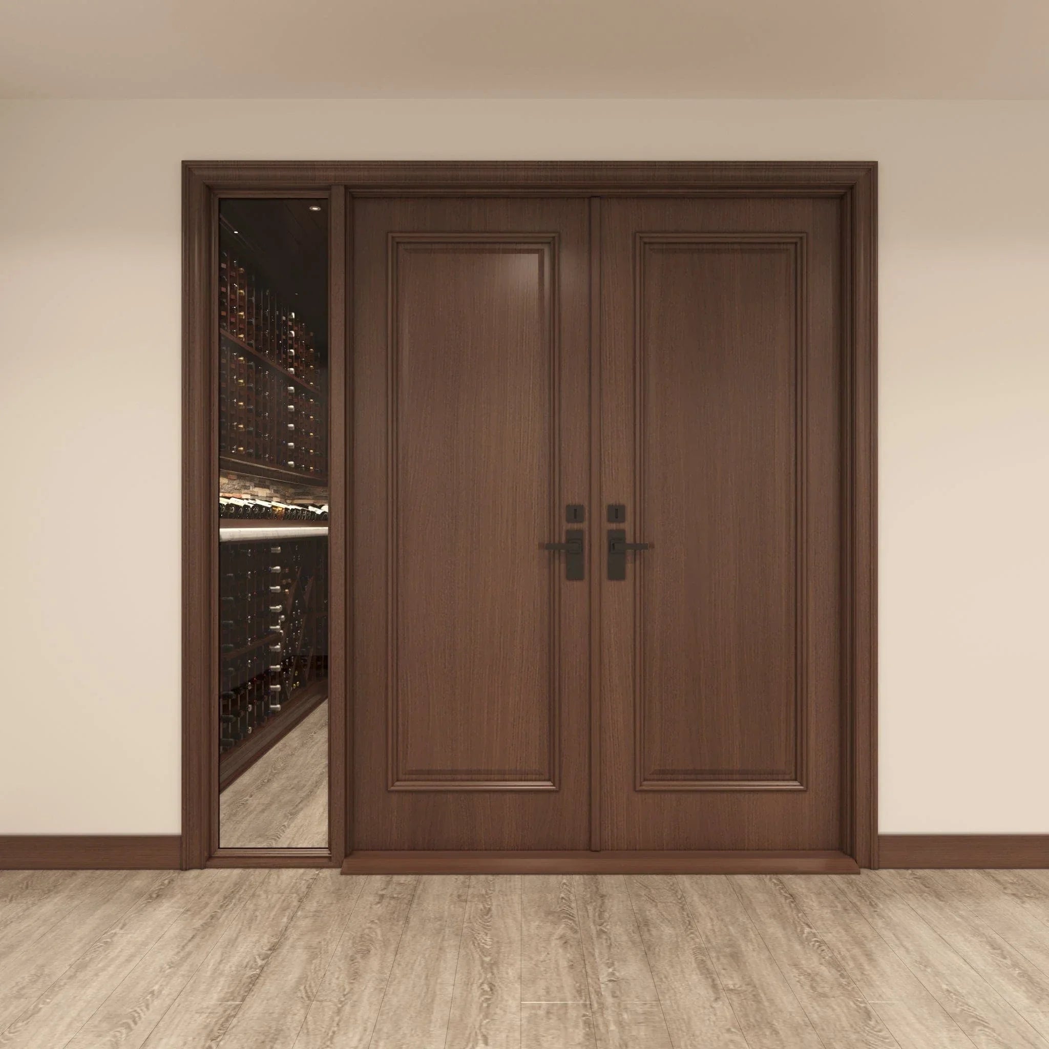Panel Double Cellar Door, 1 Sidelight Cherry with Lacquer / IN / LEFT-Cherry with Lacquer / IN / RIGHT-Cherry with Lacquer / OUT / LEFT-Cherry with Lacquer / OUT / RIGHT-Cherry NO Lacquer / IN / LEFT Genuwine Cellars Reserve