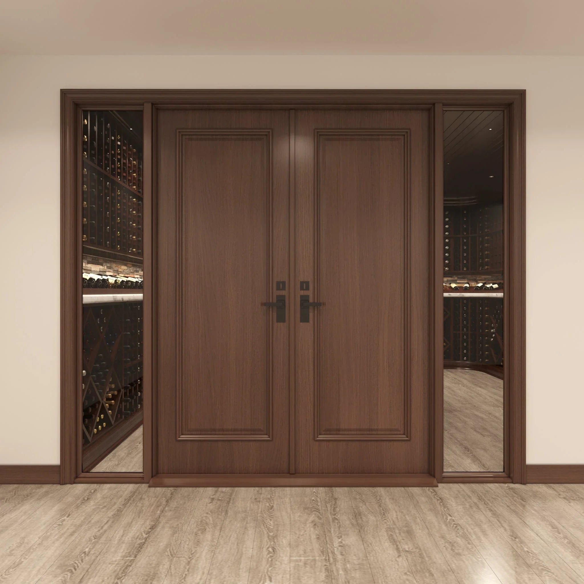 Panel Double Cellar Door, 2 Sidelights Cherry with Lacquer / IN / LEFT-Cherry with Lacquer / IN / RIGHT-Cherry with Lacquer / OUT / LEFT-Cherry with Lacquer / OUT / RIGHT-Cherry NO Lacquer / IN / LEFT Genuwine Cellars Reserve